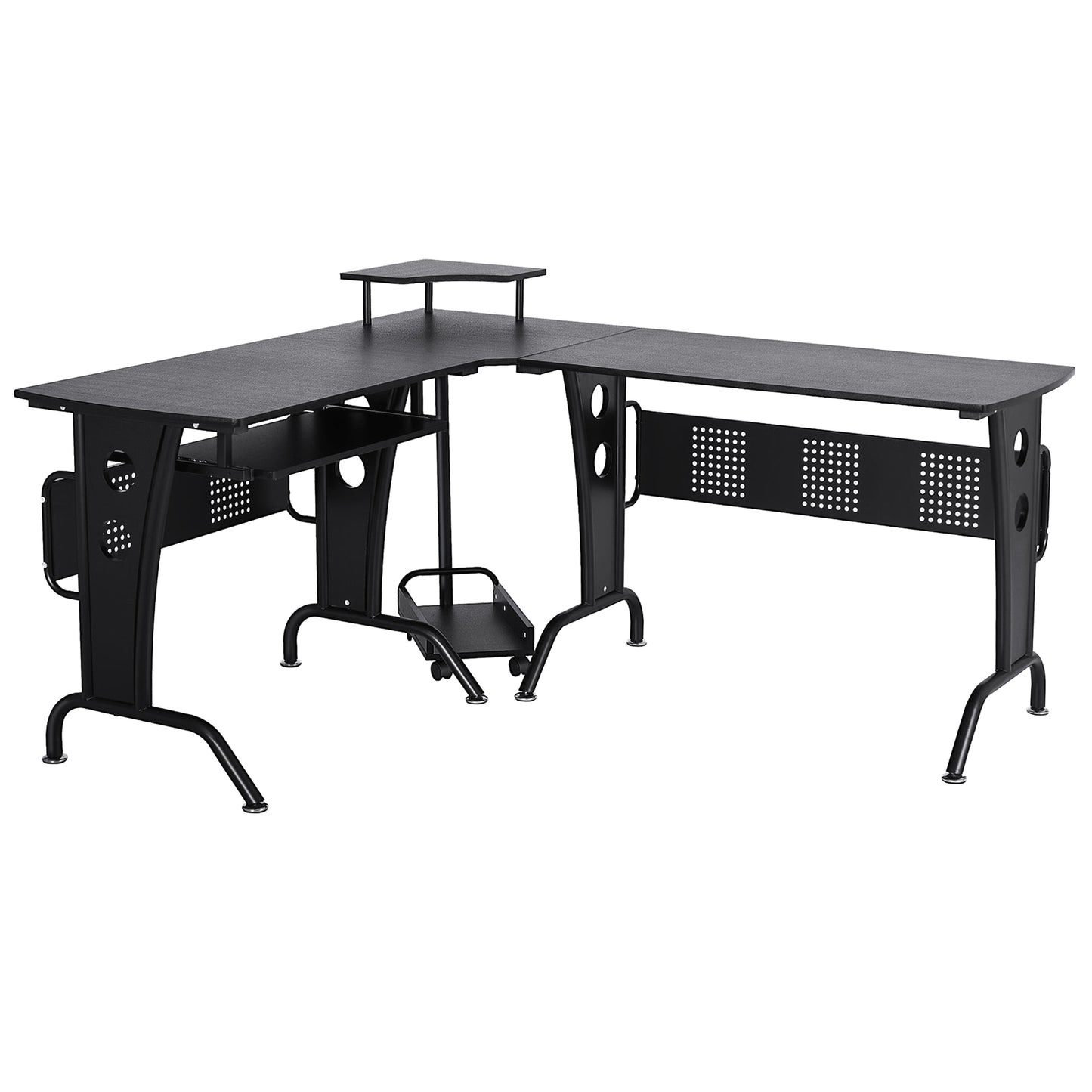 L-Shaped Computer Desk for PC, Corner Table for Small Spaces with Elevated Shelf, Keyboard Tray, CPU Stand, Home Office