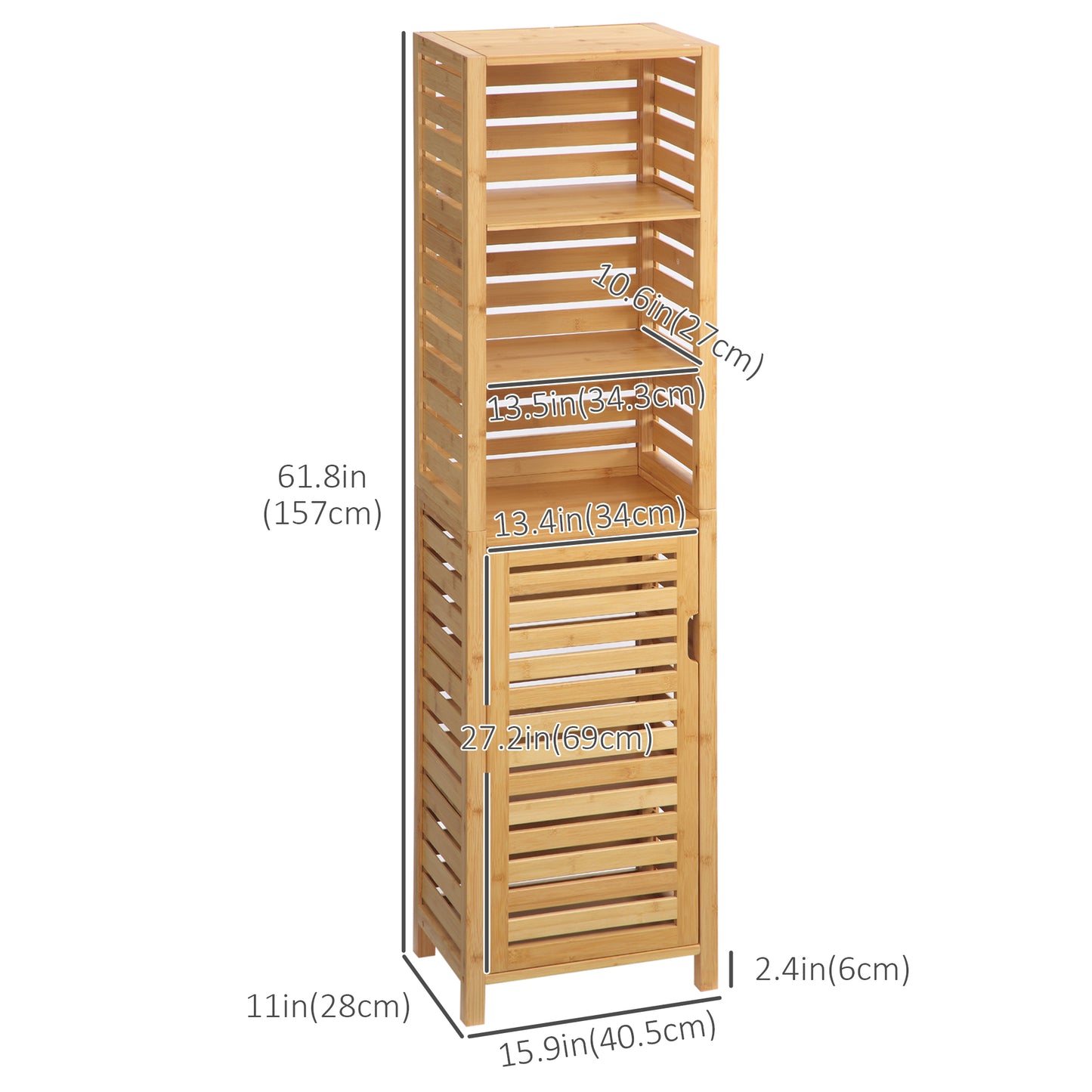 Tall Bathroom Cabinet with 3 Open Shelves, Slim Bamboo Linen Tower Freestanding Linen Towel with Slatted Door, Natural