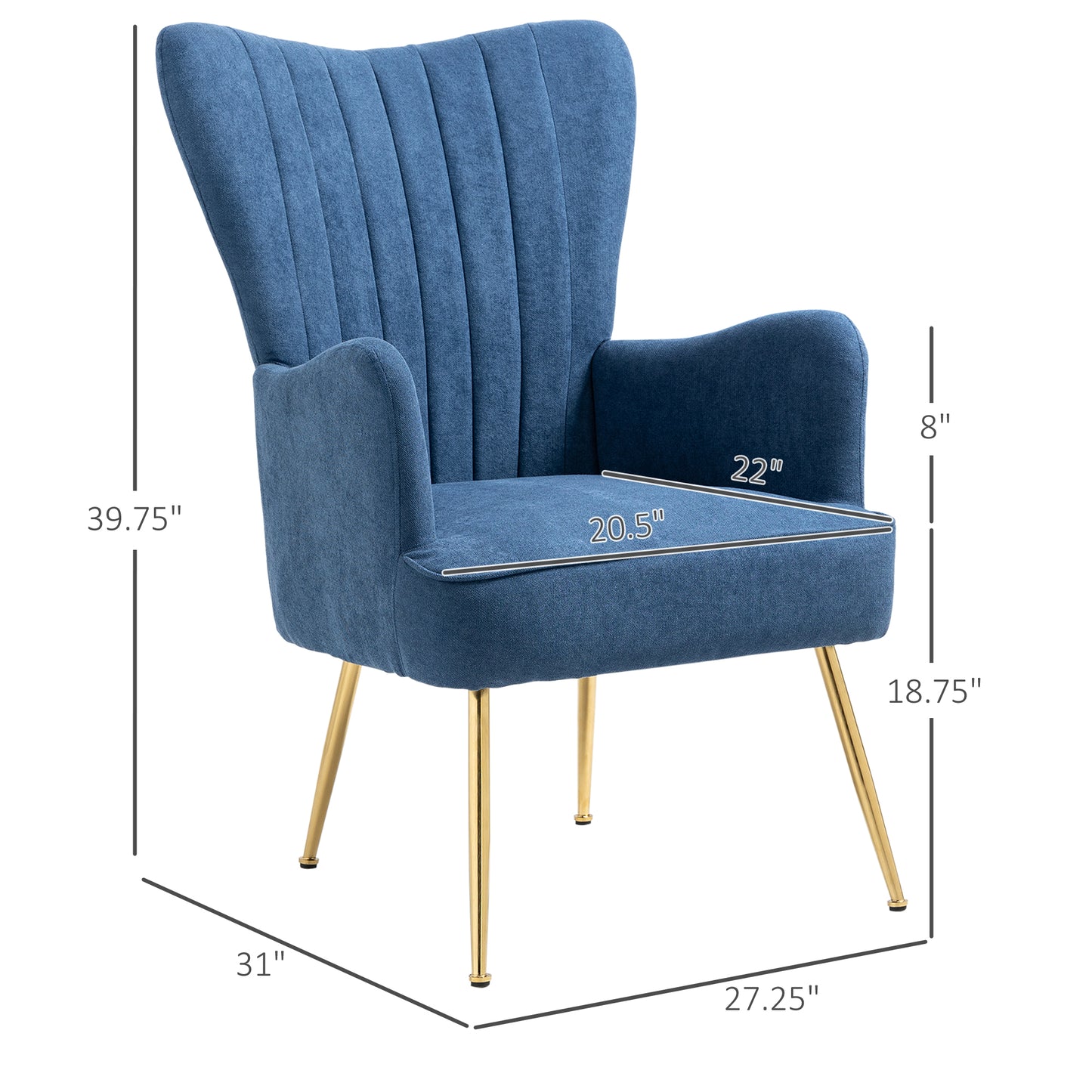 Velvet Accent Chairs, Modern Living Room Chair, Tall Back Leisures Chair with Steel Legs for Bedroom, Dinning Room, Waiting Room, Blue