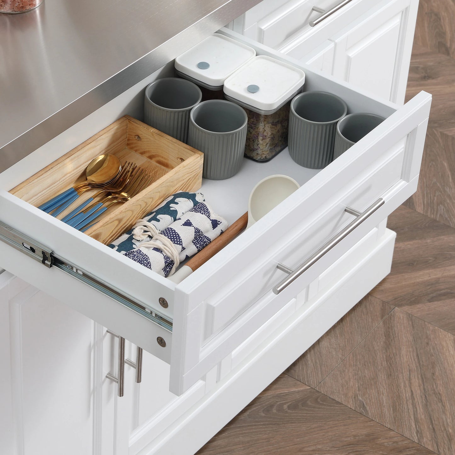 Rolling Kitchen Island with Storage, Portable Kitchen Cart with Stainless Steel Top, 2 Drawers, Spice, Knife and Towel Rack and Cabinets, White