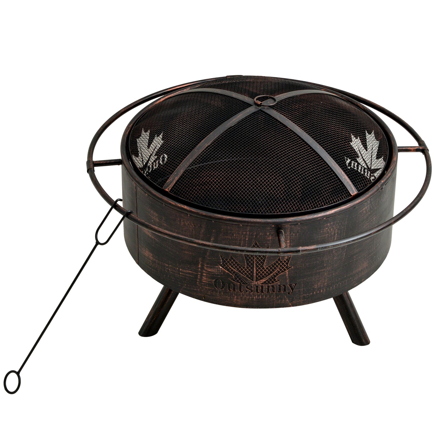 Outdoor Fire Pit with Screen Cover, Wood Burning Firebowl with Poker for Patio, Backyard, Black