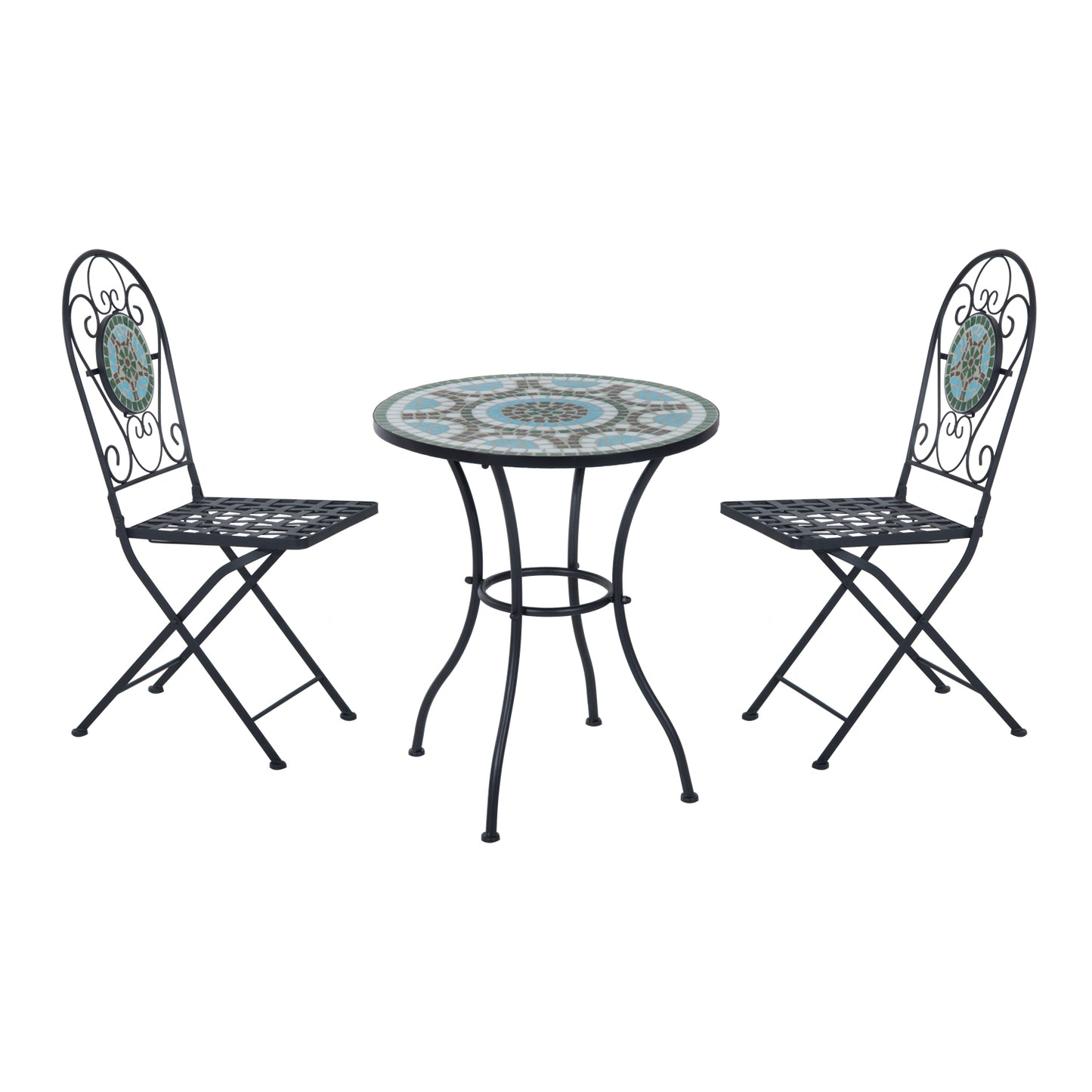 Outsunny 3 Piece Patio Bistro Set with Mosaic Design, Outdoor Dining Furniture Set for 2 with Folding Chairs, Green