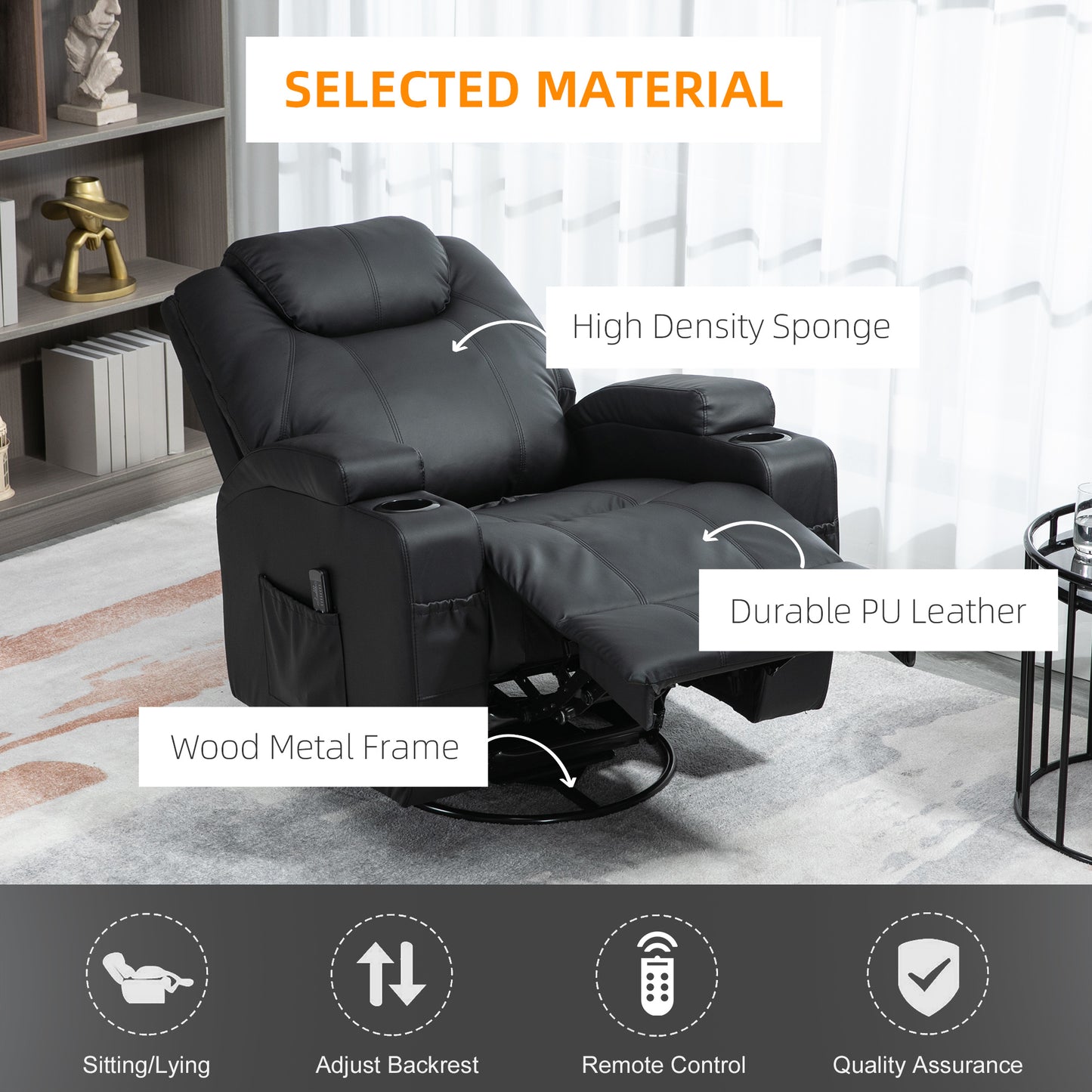 Faux Leather Recliner Chair with Massage, Vibration, Muti-function Padded Sofa Chair with Remote Control, 360 Degree Swivel Seat with Dual Cup Holders, Black