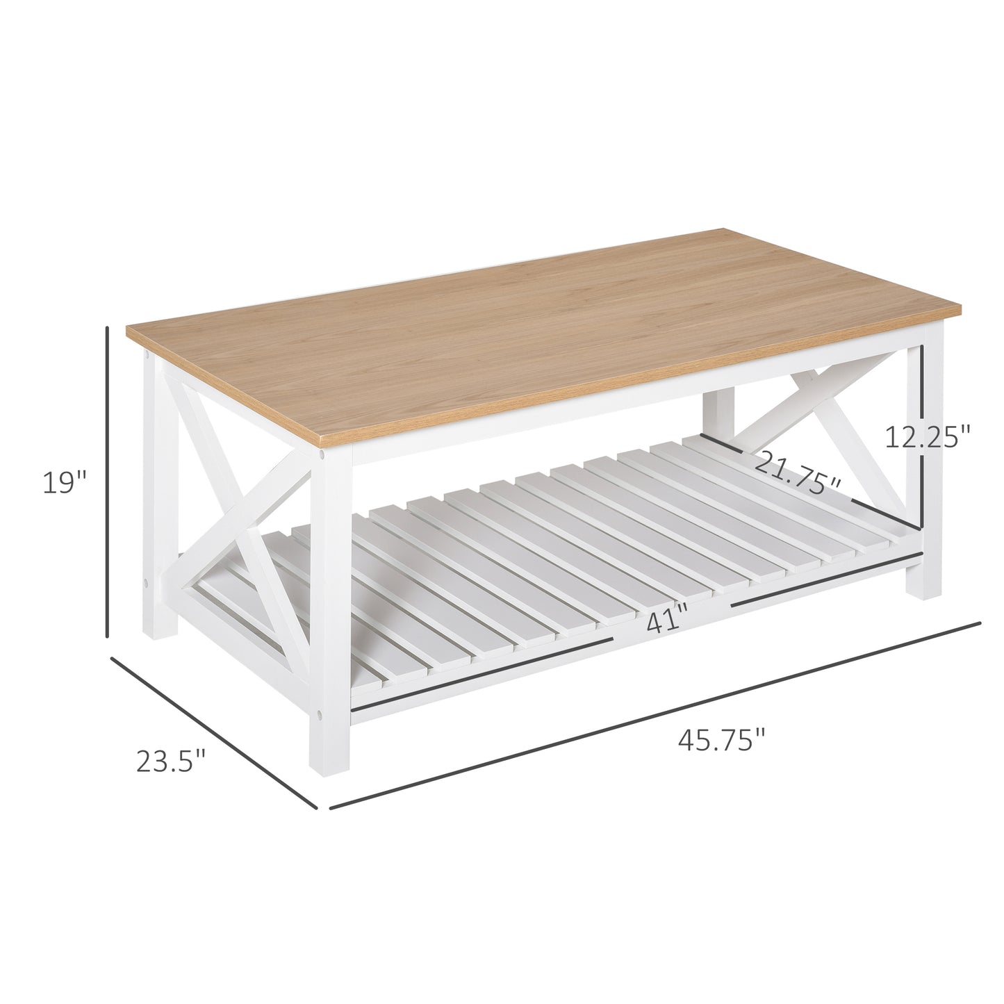 Farmhouse Coffee Table with Slatted Bottom Shelf, Center Table with X Bar Frame for Living Room, White, Natural