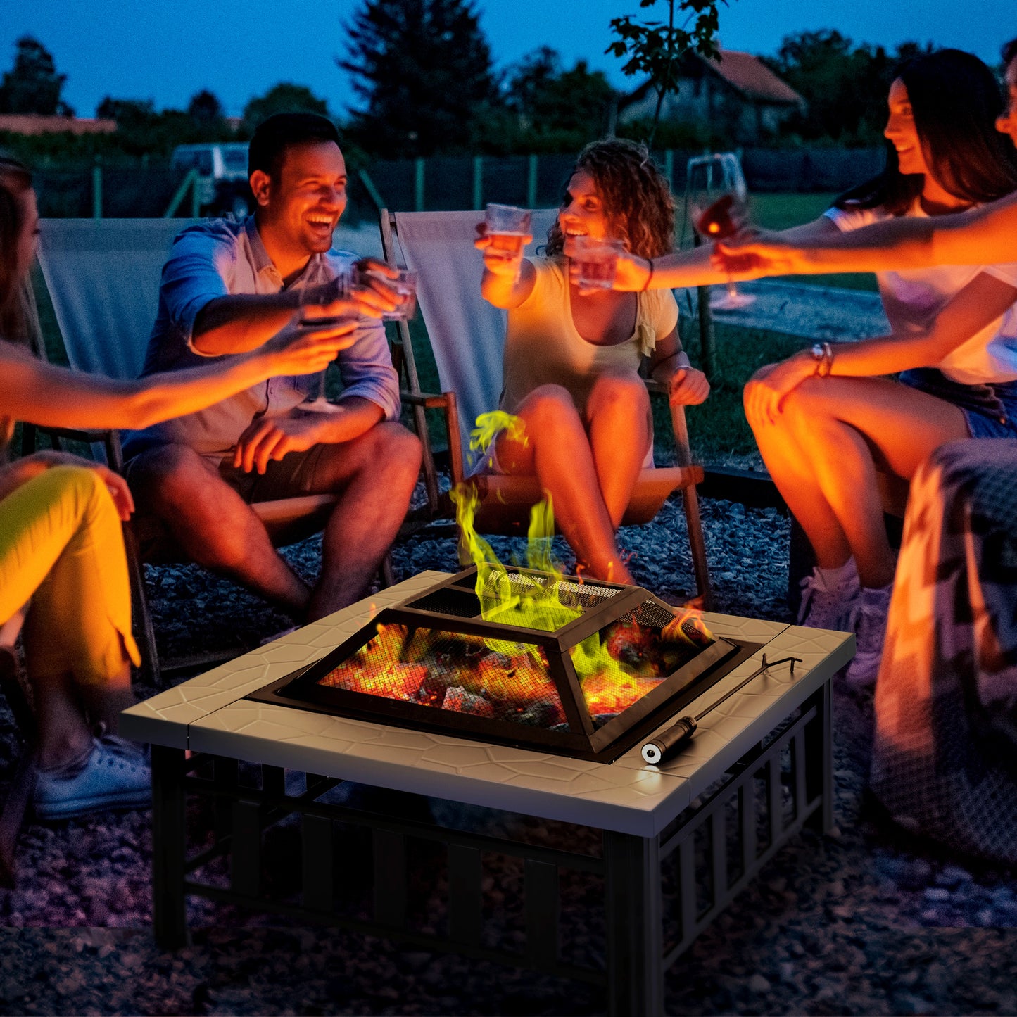 Outsunny 33" Outdoor Square Firepit Steel Stove Portable with Spark Screen Cover Log Grate Poker and Rain Cover for Outside Wood Burning and Camping Black