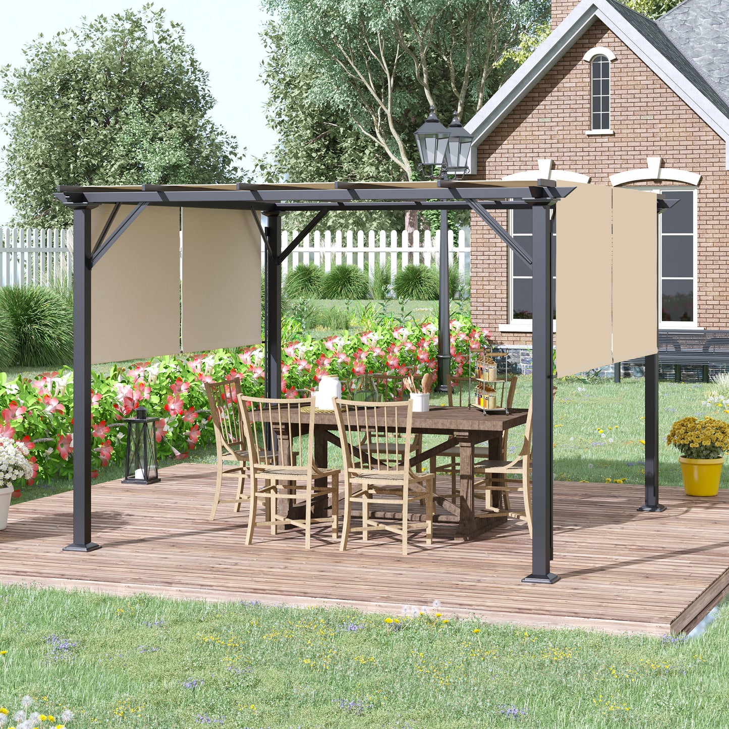 12' x 10' Outdoor Patio Gazebo Pergola with Retractable Canopy Roof, Steel Frame with Stakes, Unique Design, Beige