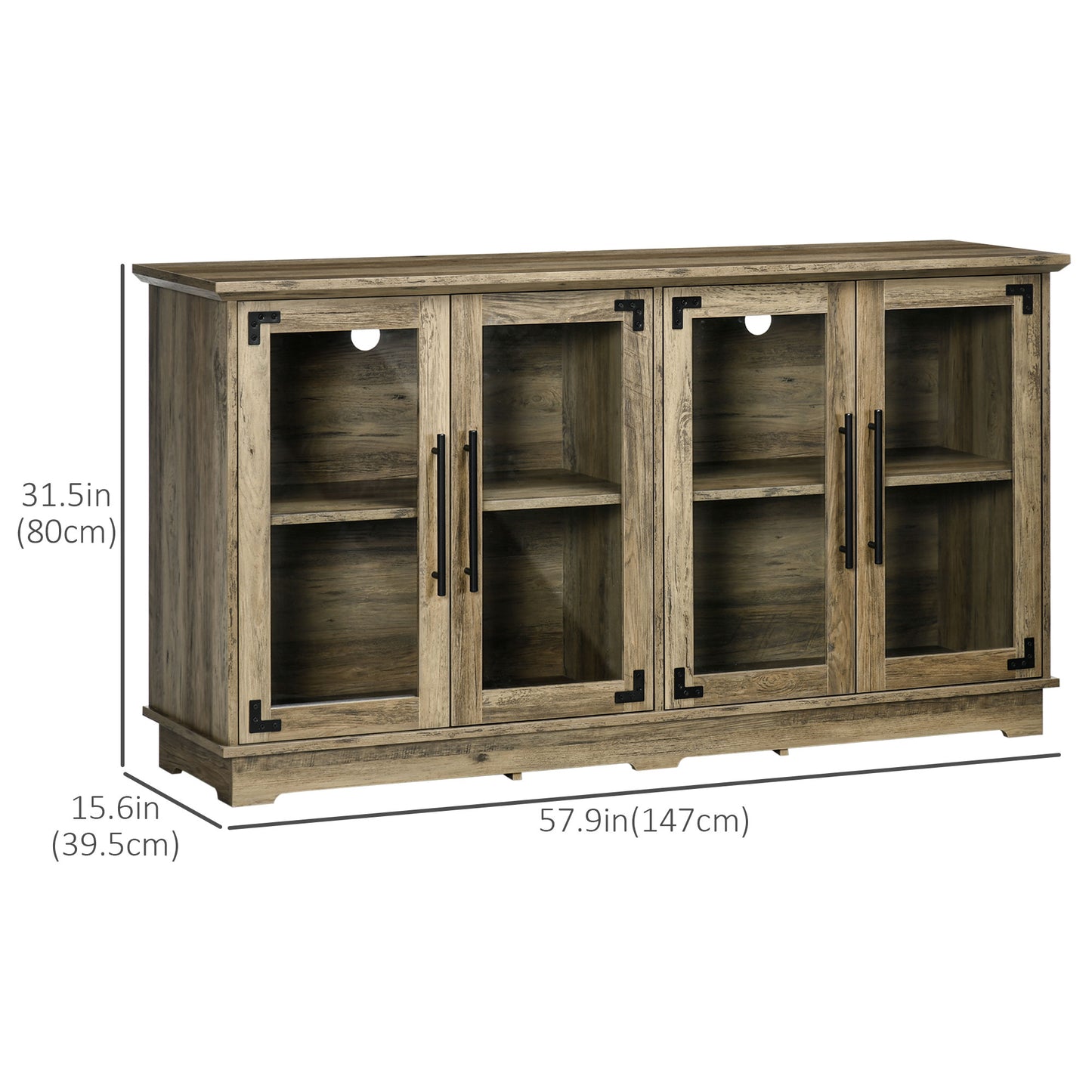 Farmhouse Buffet Cabinet with Glass Doors, Kitchen Sideboard, Coffee Bar for Living Room, Dining Room, Distressed Grey