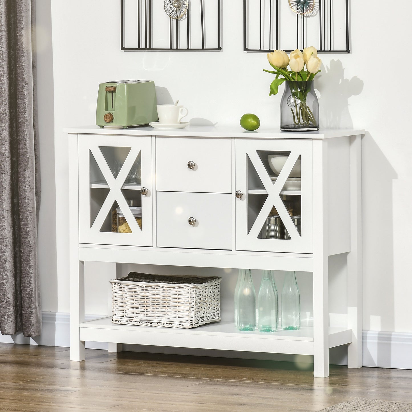 Modern Sideboard, Glass Door Buffet Cabinet with Storage Drawers, and Adjustable Shelves, Console Table for Living Room, Kitchen, Entryway, White