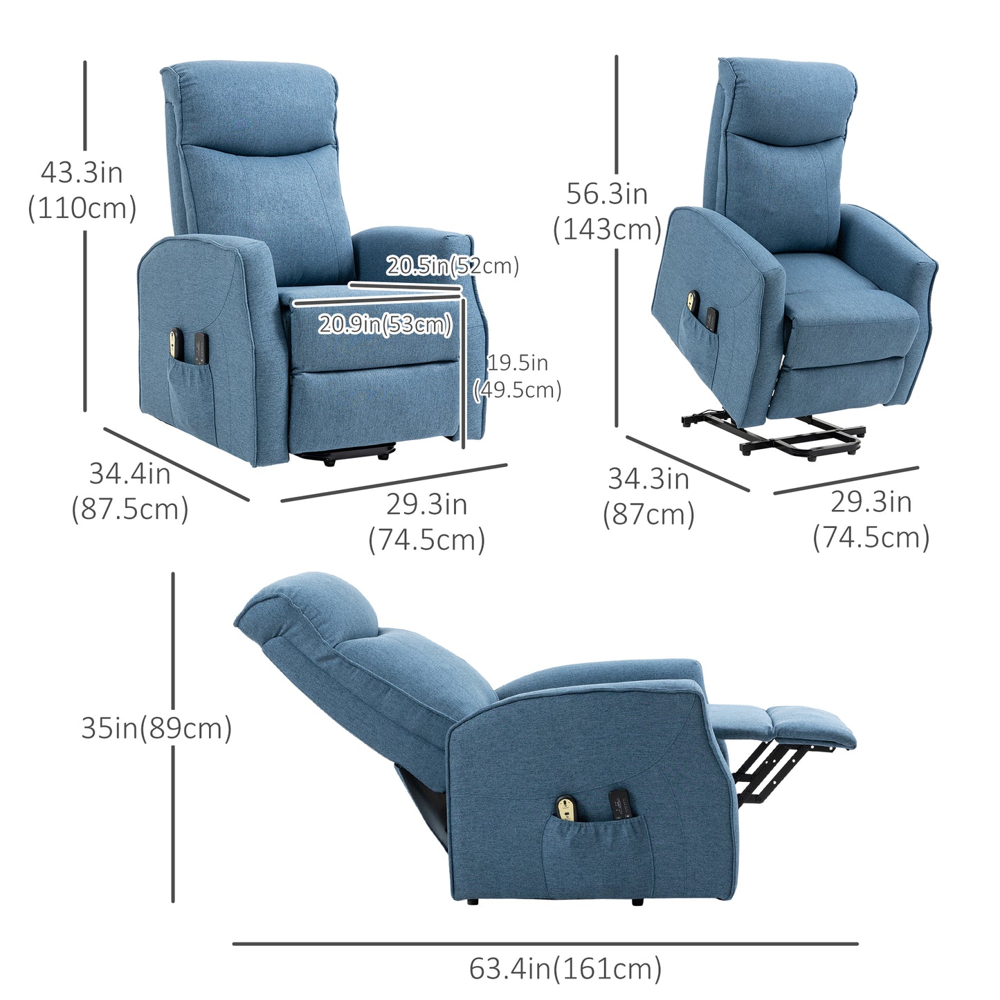 Power Lift Massage Recliner Chair for Elderly, Electric Linen Fabric Reclining Chair with 8 Vibration Points, Remote Control, Side Pockets, Blue