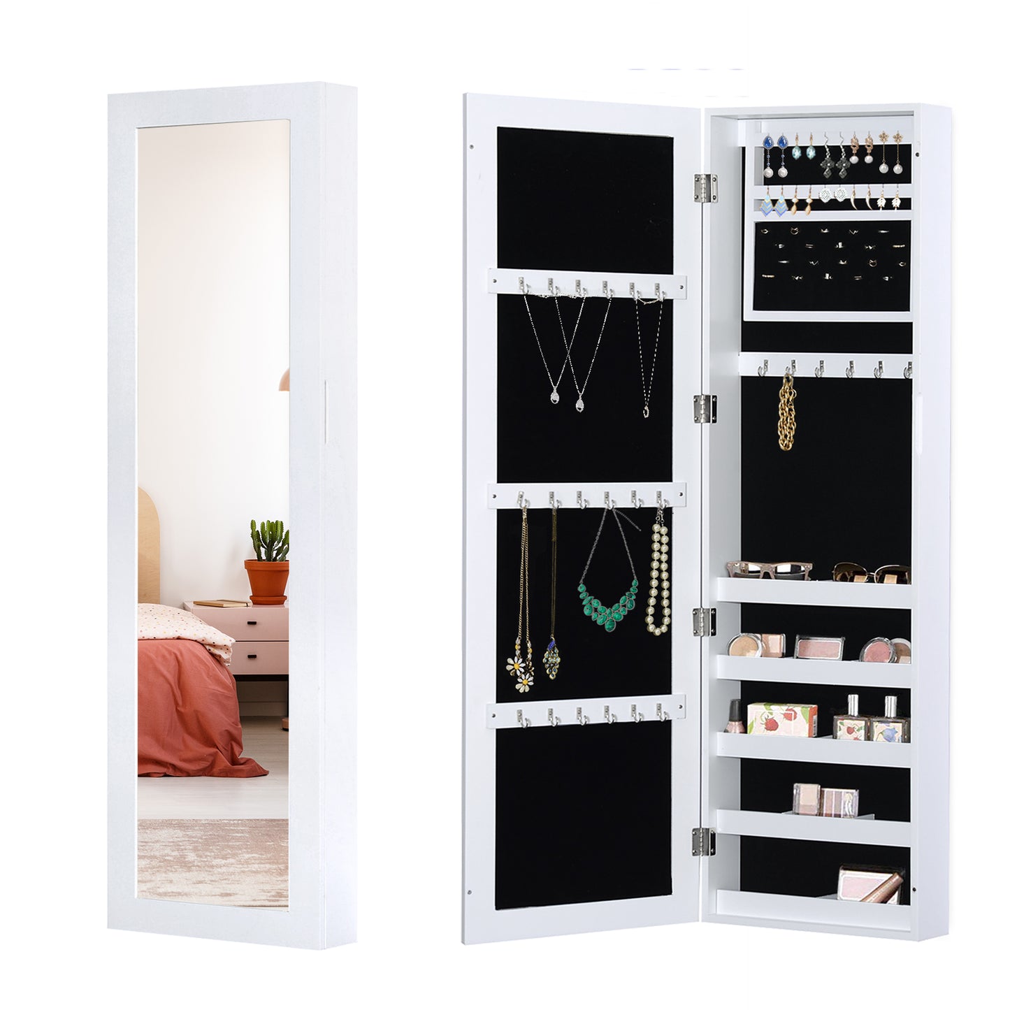 Jewelry Cabinet with Full Length Mirror, Wall Mounted Jewelry Armoire Storage Organizer, White