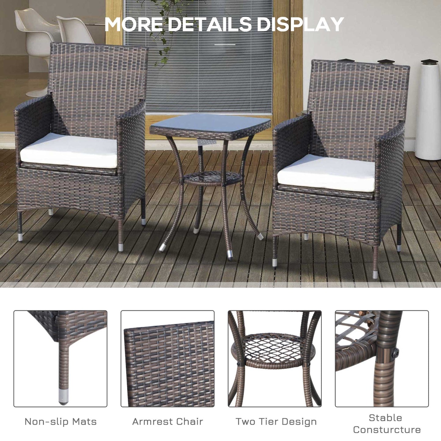 Outsunny 3 Pieces Patio Bistro Set, Outdoor PE Rattan Porch Furniture with Two Armchairs, Glass Top Coffee Table, Coffee