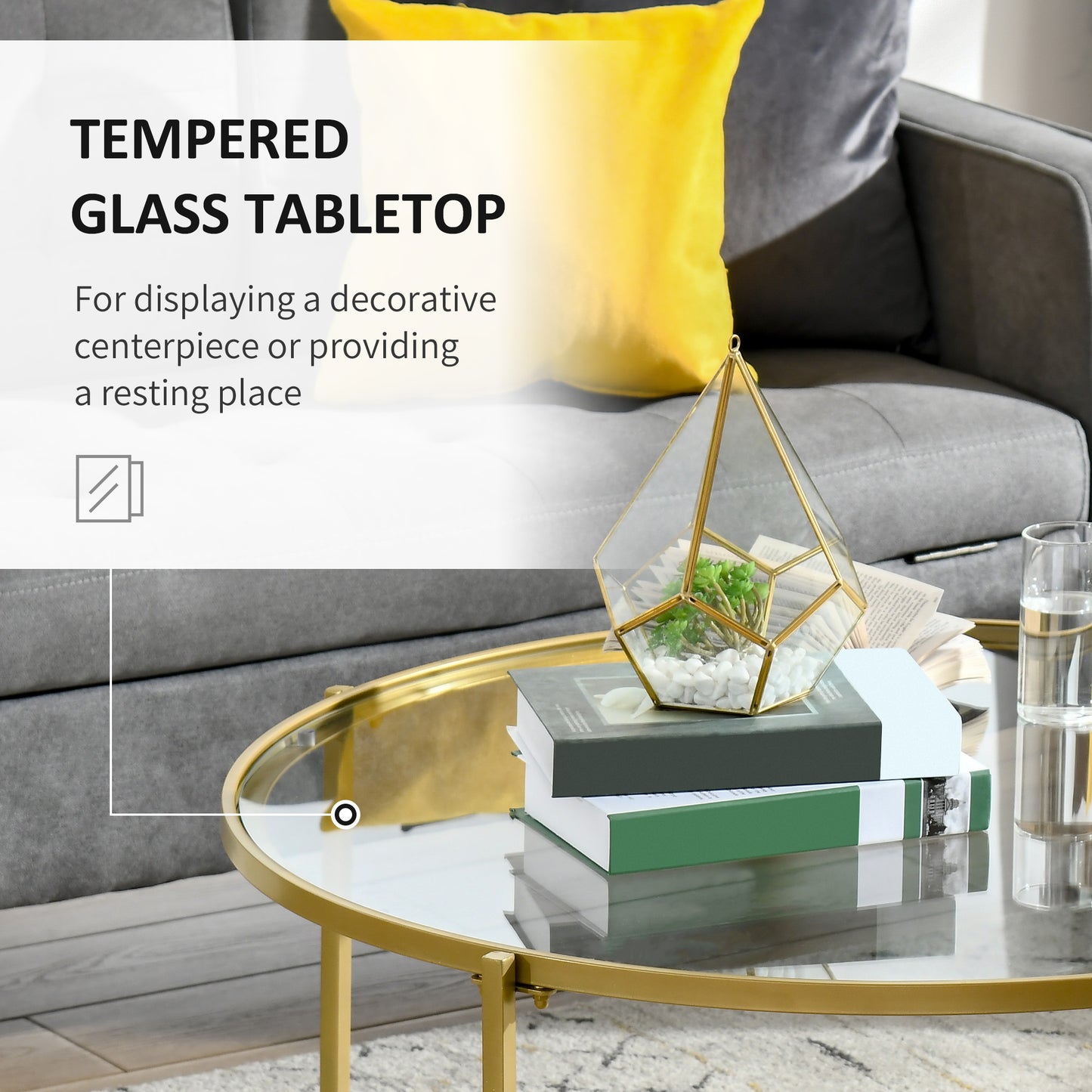 Modern Round Coffee Table with Tempered Glass Tabletop, Accent Side Table, Center Table for Living Room, Gold