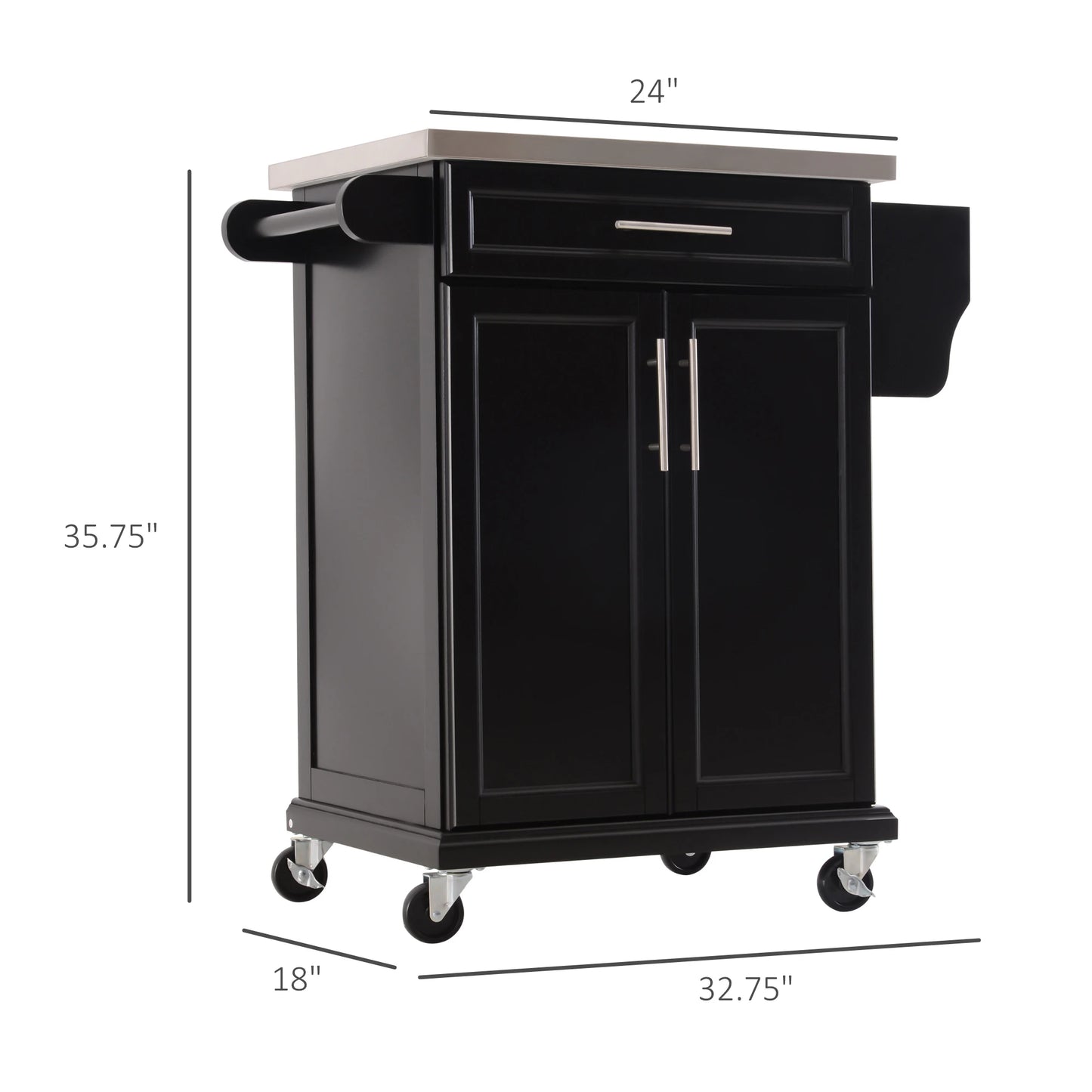 Multi-Use Rolling Kitchen Island Utility Cart Wood Cart and Stainless Steel Table Top On Wheels, Black