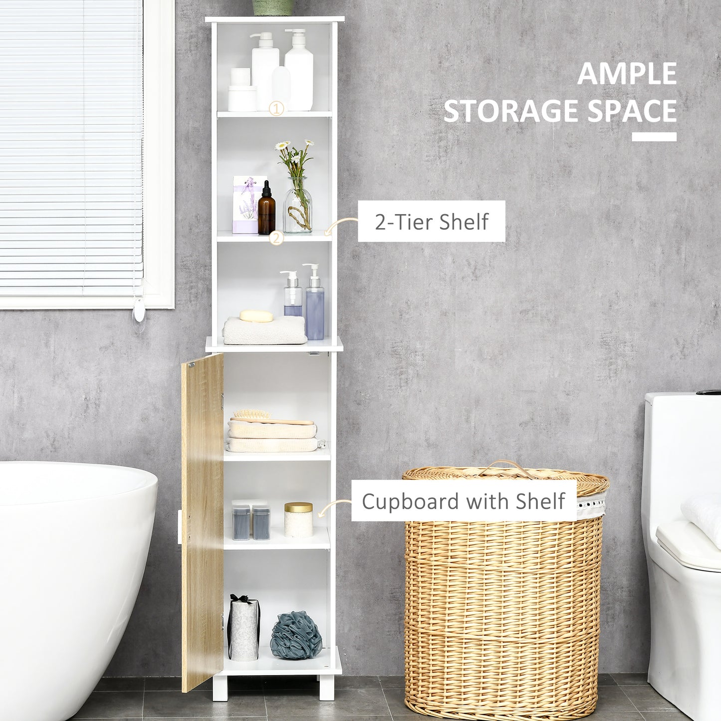 Tall Bathroom Storage Cabinet, Free Standing Bathroom Cabinet Slim Side Organizer w/ 2-Tier Open Shelf, Cupboard, Door, White