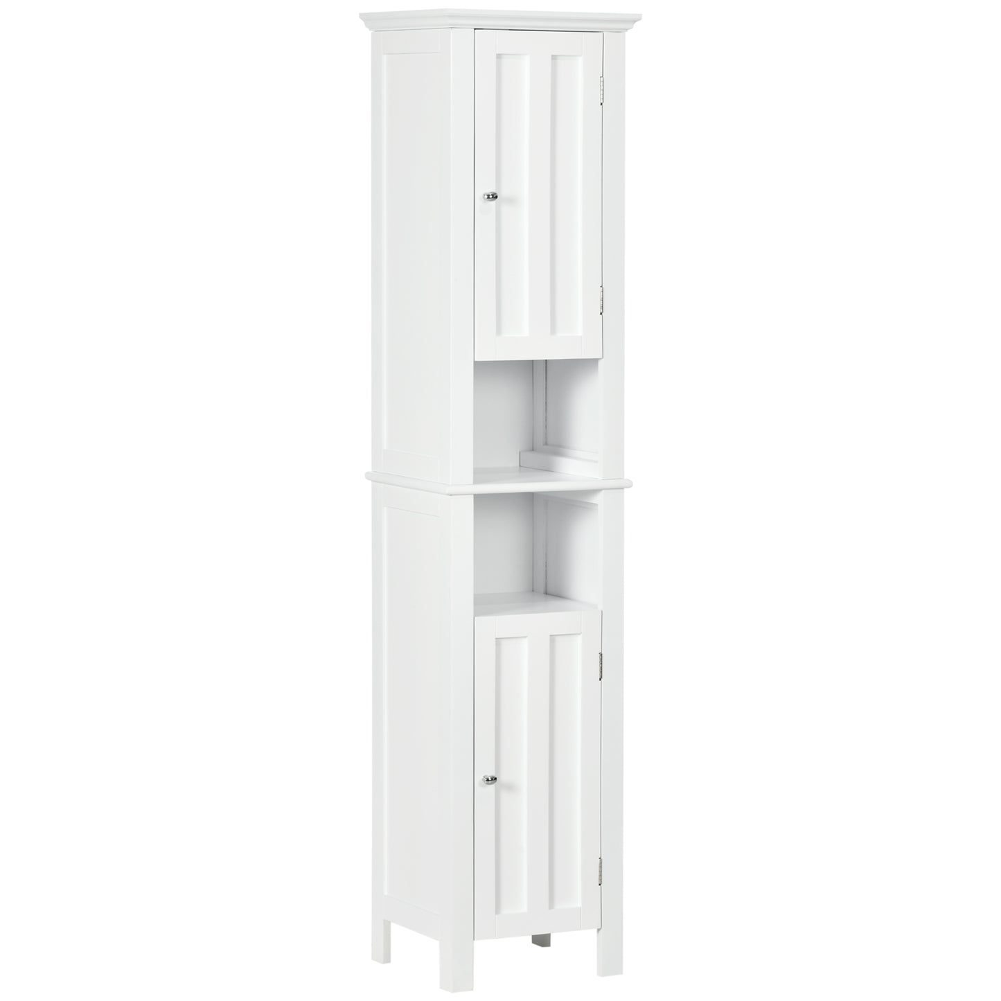 Bathroom Cabinet, Freestanding Linen Cabinet with Open Shelves and Cupboards, 13.8" x 11.8" x 62.4", White