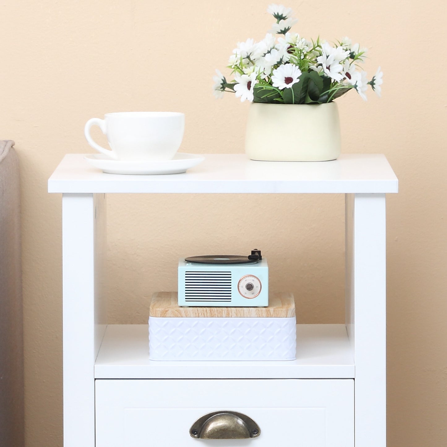 Modern End Table with 2 Drawers and Storage Shelf, Accent Sofa Side Table for Living Room, White