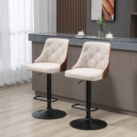 Counter Height Bar Stools Set of 2, Height Adjustable Swivel Barstools with Footrest and Solid Wood Back, Linen Fabric Bar Chairs, Beige