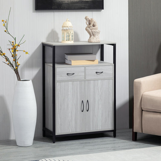 Storage Cabinet, Sideboard with 2 Drawers and Adjustable Shelves for Kitchen, Bedroom, Entryway, Living Room, Light Grey