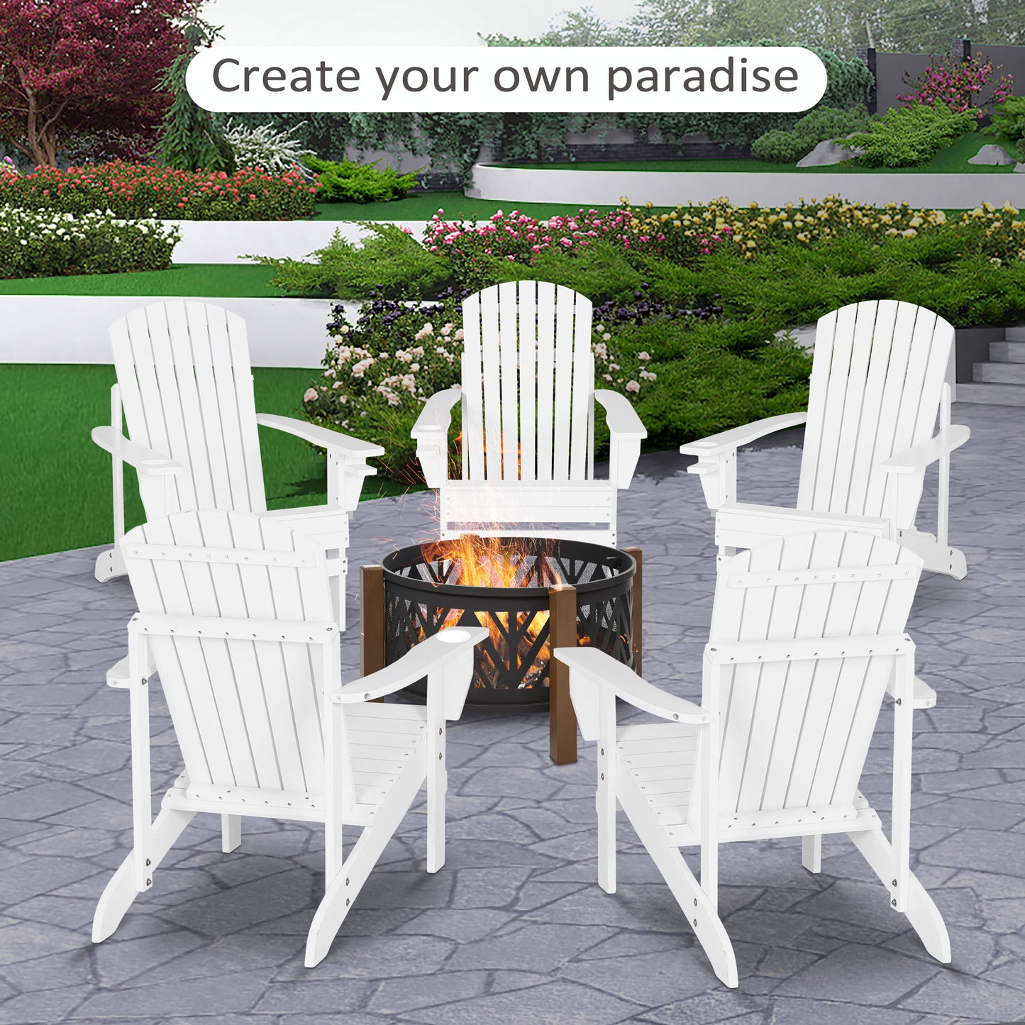 Classic Adirondack Chair, Muskoka Chairs, Garden Deck Chair with Cup Holder for Patio, Indoor, Backyard, White