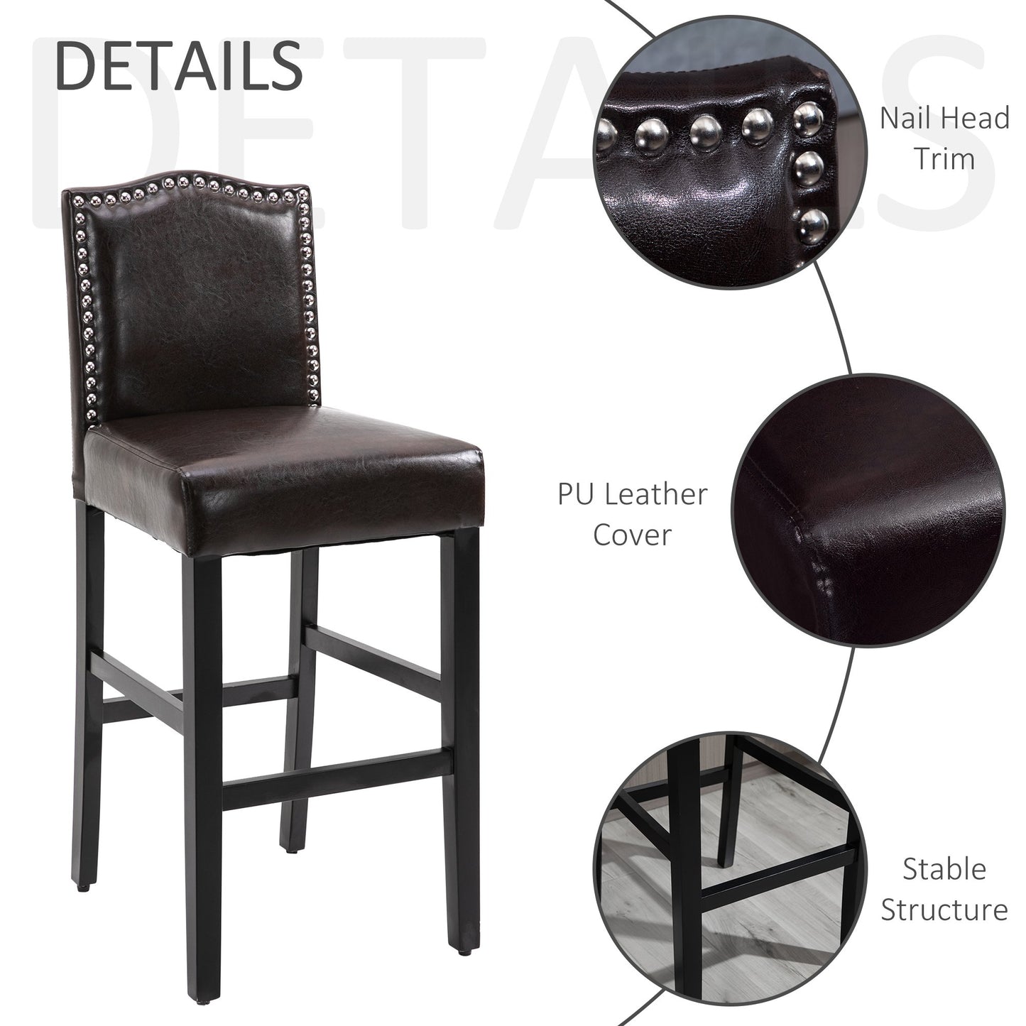 2 Pieces Retro Style Bar Stools Tall Chair with Back Footrest for Home Pub