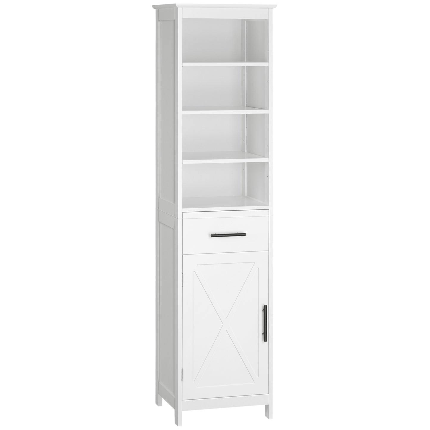 Tall Bathroom Storage Cabinet, Free Standing Bathroom Cabinet Slim Side Organizer w/ 3-Tier Open Shelf, Cupboard, Door, and Drawer, White