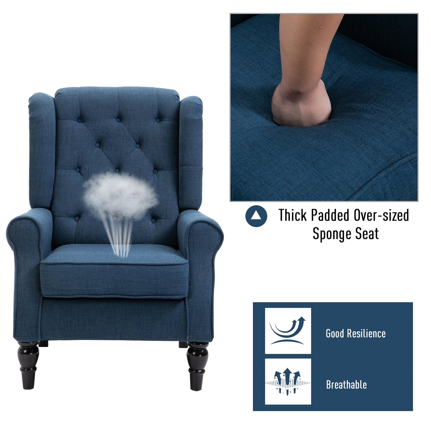 Button-Tufted Accent Chair with High Wing Back, Rounded Cushioned Armrests and Thick Padded Seat, Blue