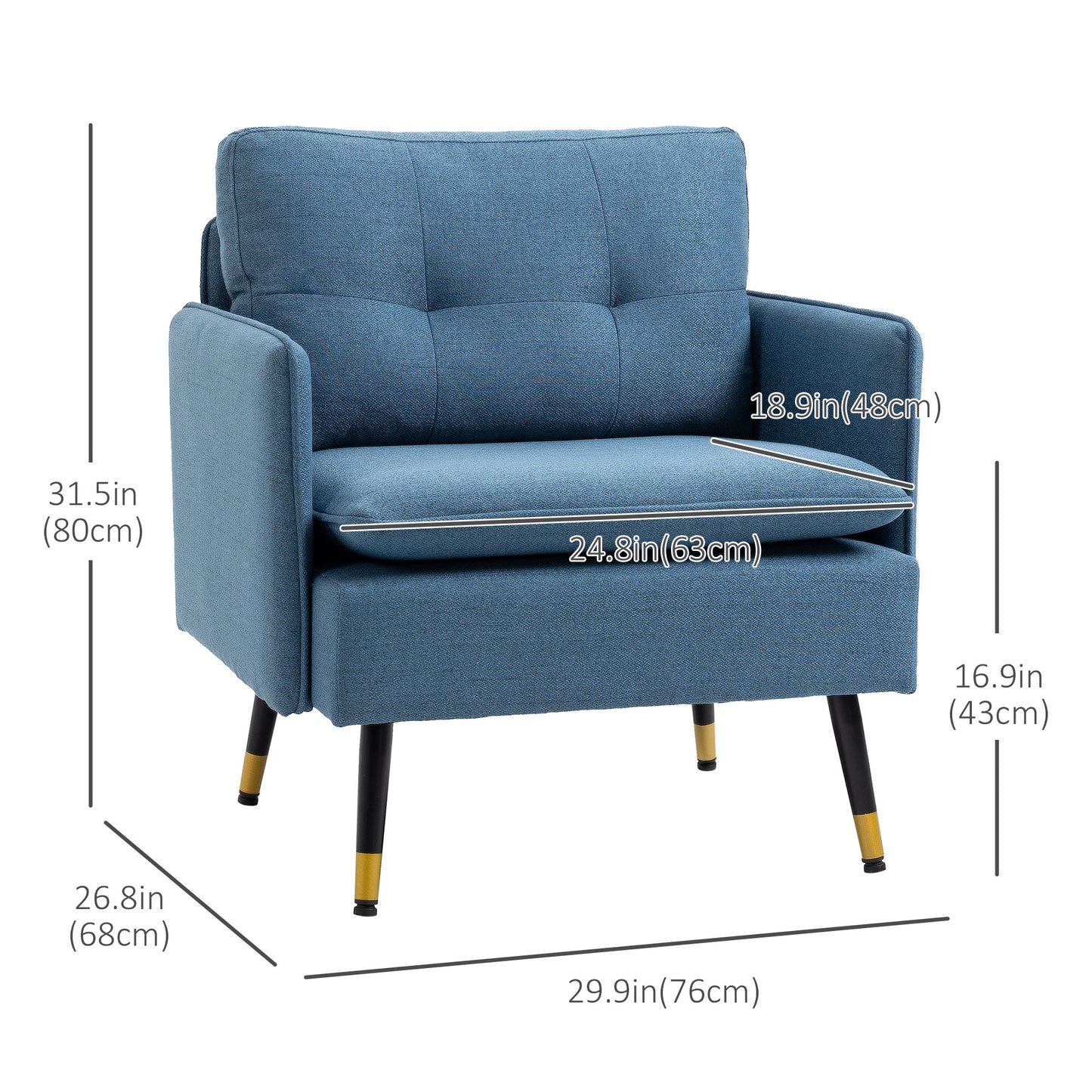 Accent Chair with Cushioned Seat and Back, Upholstered Fabric Armchair for Bedroom, Button Tufted Living Room Chair with Arms and Steel Legs, Blue