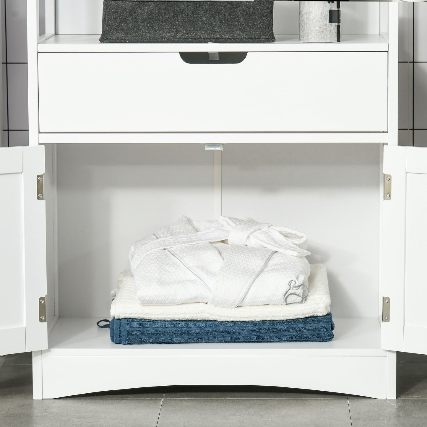 Bathroom Floor Cabinet, Free Standing Cupboard with Shelves, Drawer and Doors, Storage Organizer in White