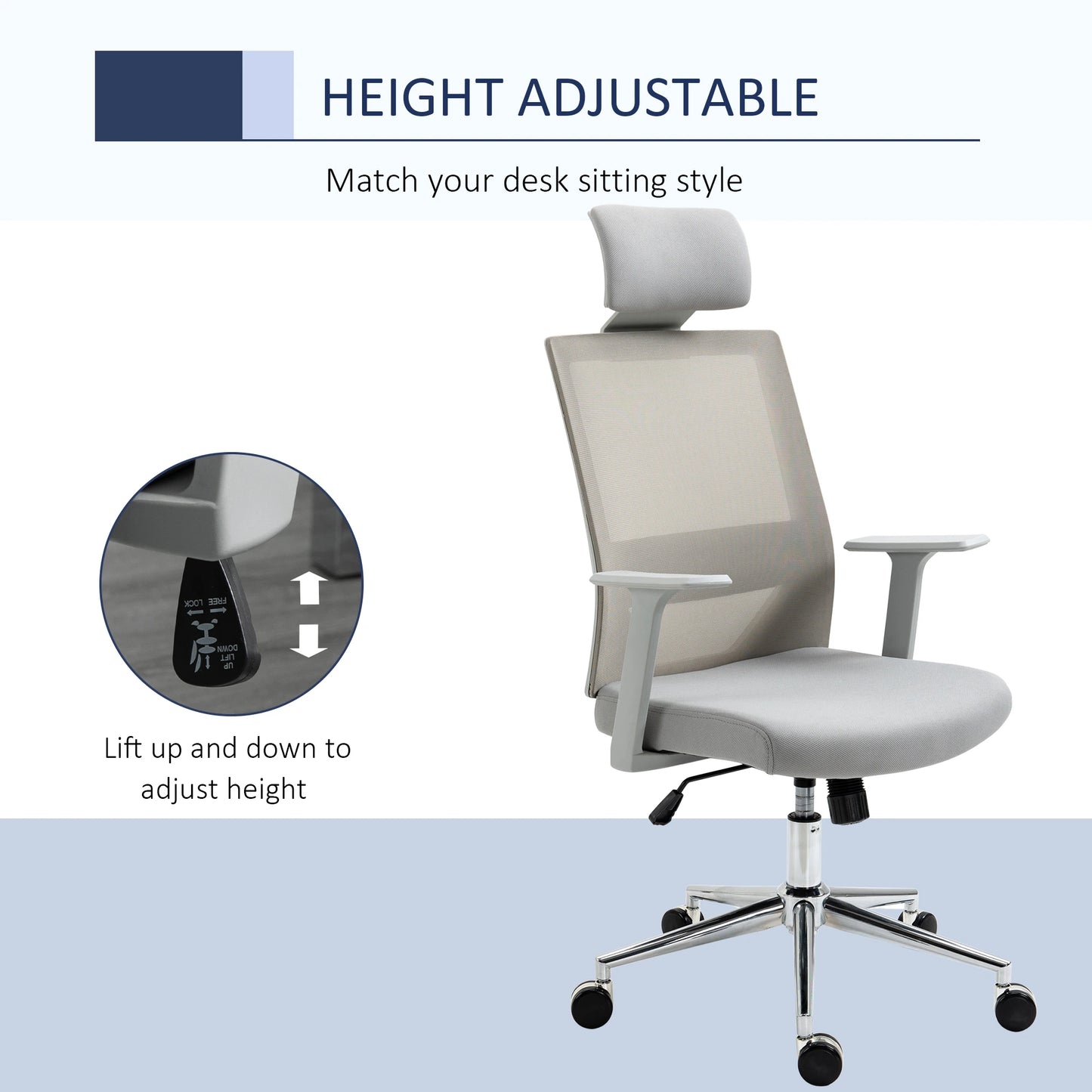 High Back Office Chair Swivel Task Chair with Lumbar Back Support, Breathable Mesh, and Adjustable Height, Headrest, Grey