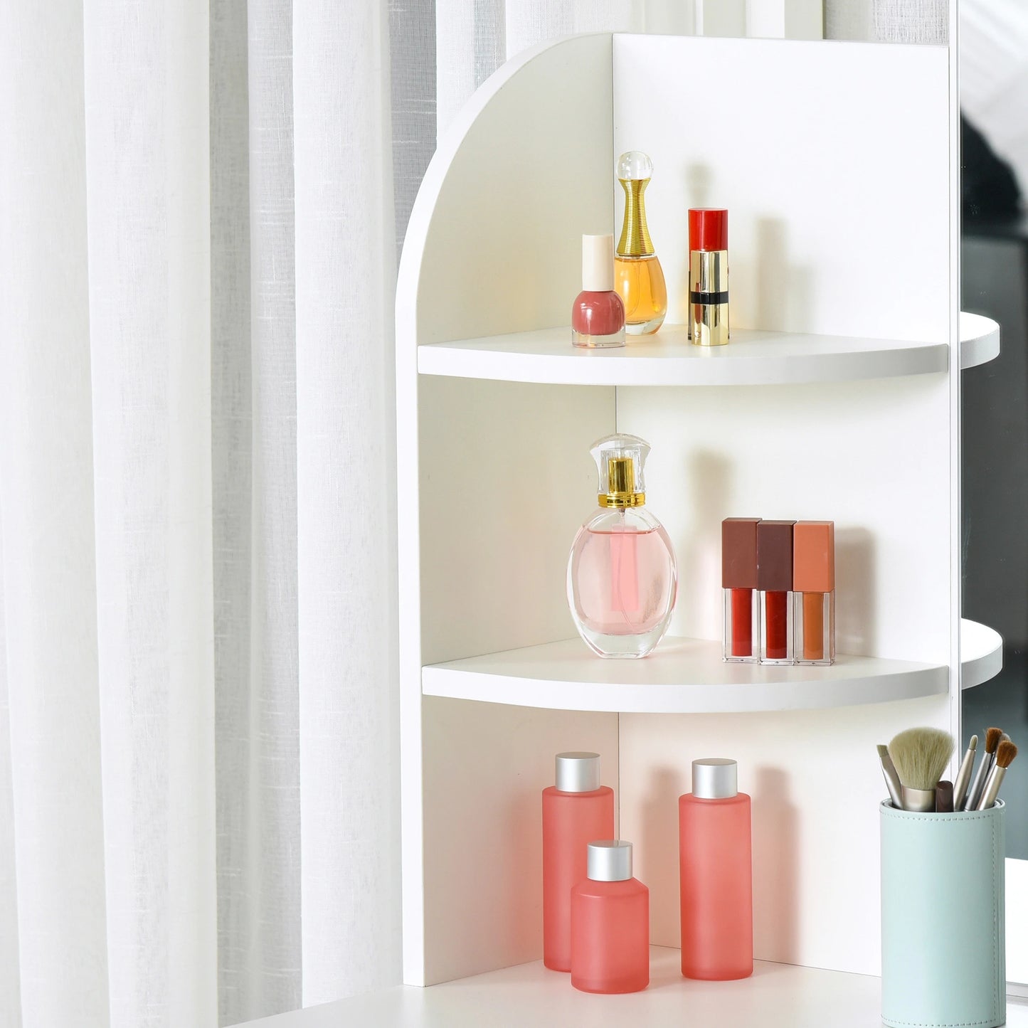 Vanity Table Wood Dressing Table w/ Makeup Mirror, Big Drawers, Open Shelf for Bedroom White