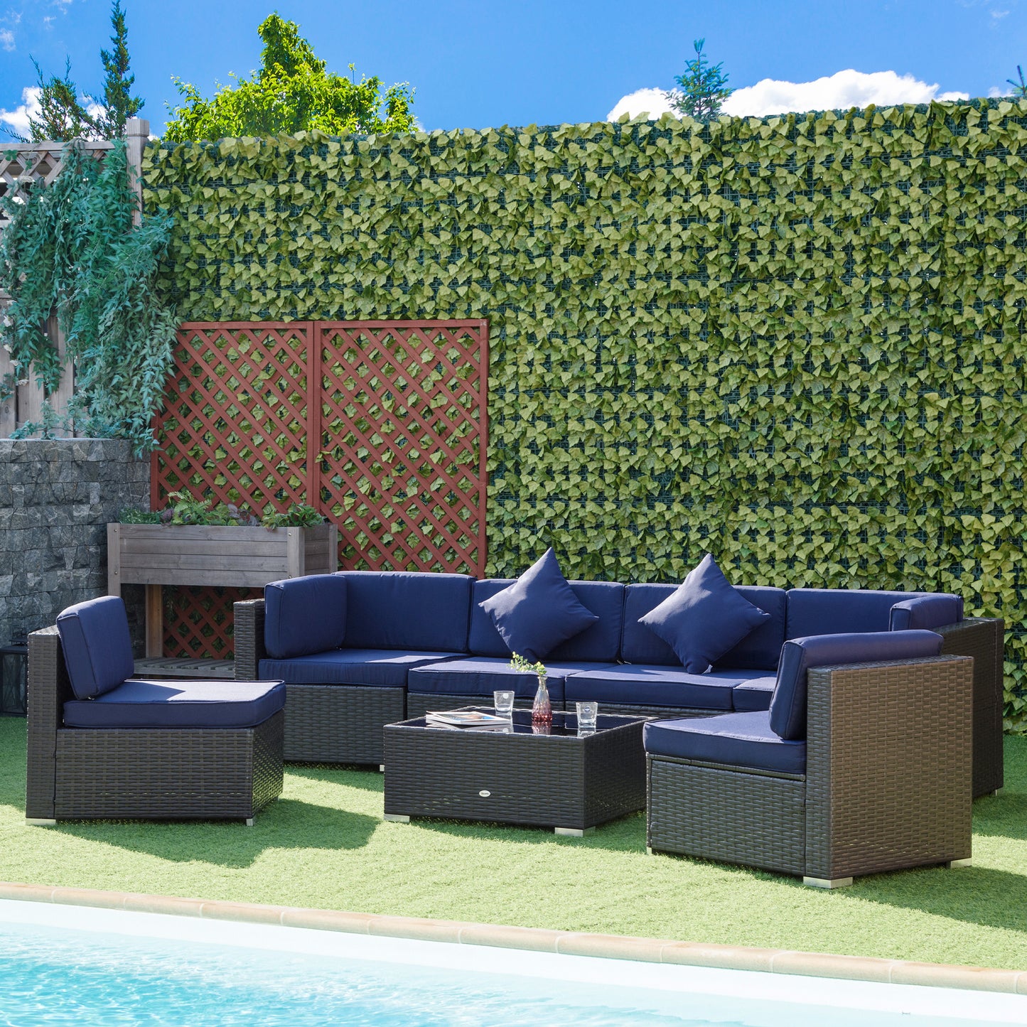 Outsunny 7 Pieces Rattan Patio Furniture Set for Garden, Lawn, and Deck, Dark Blue