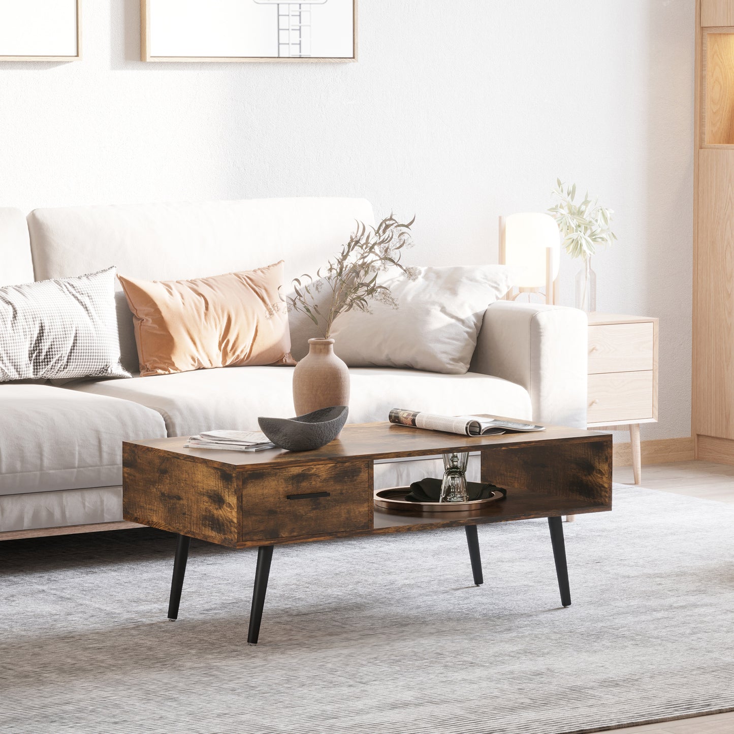 Retro Coffee Table with Storage Shelf and Drawer for Living Room, Vintage Wooden Sofa Side Table, Rustic Brown