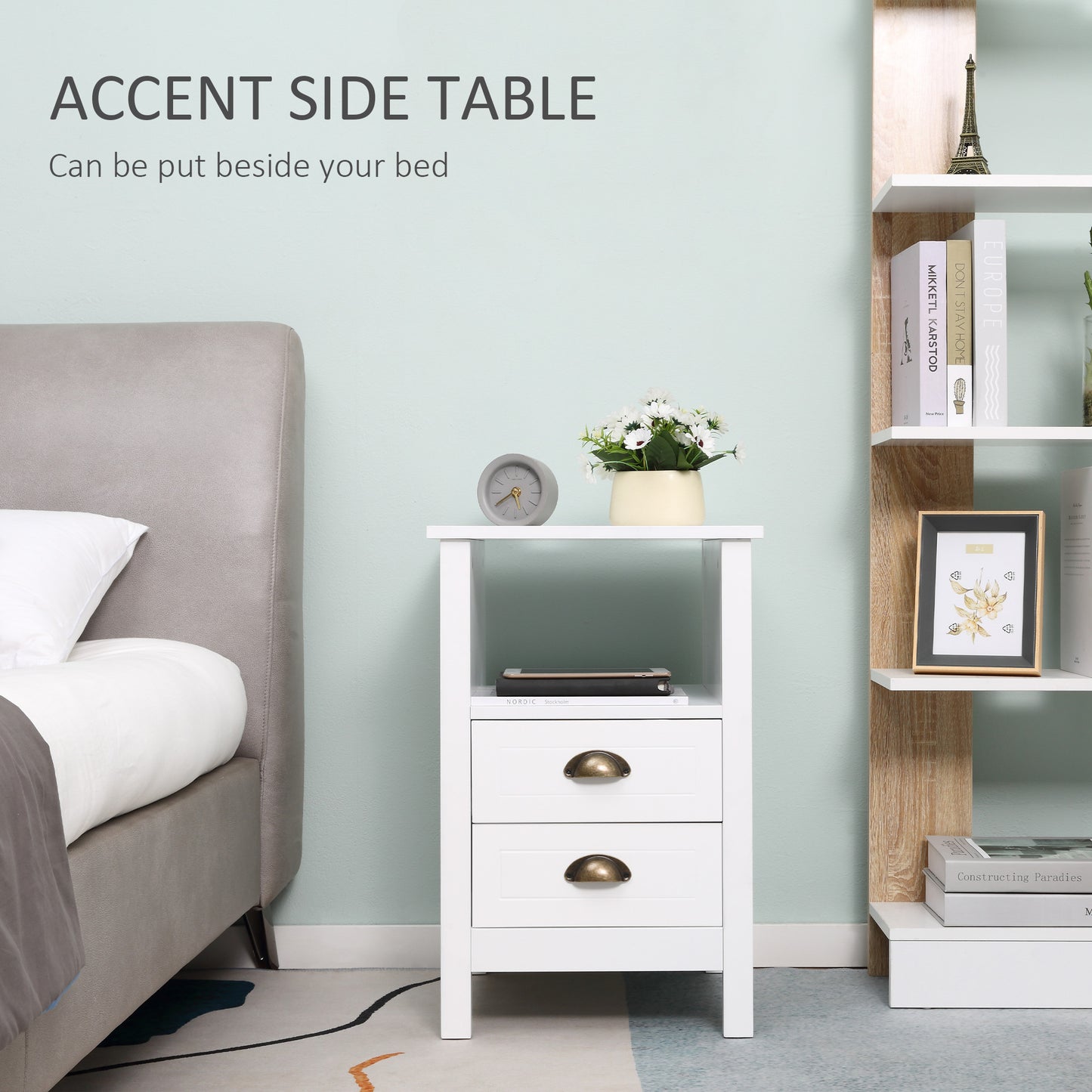 Modern End Table with 2 Drawers and Storage Shelf, Accent Sofa Side Table for Living Room, White