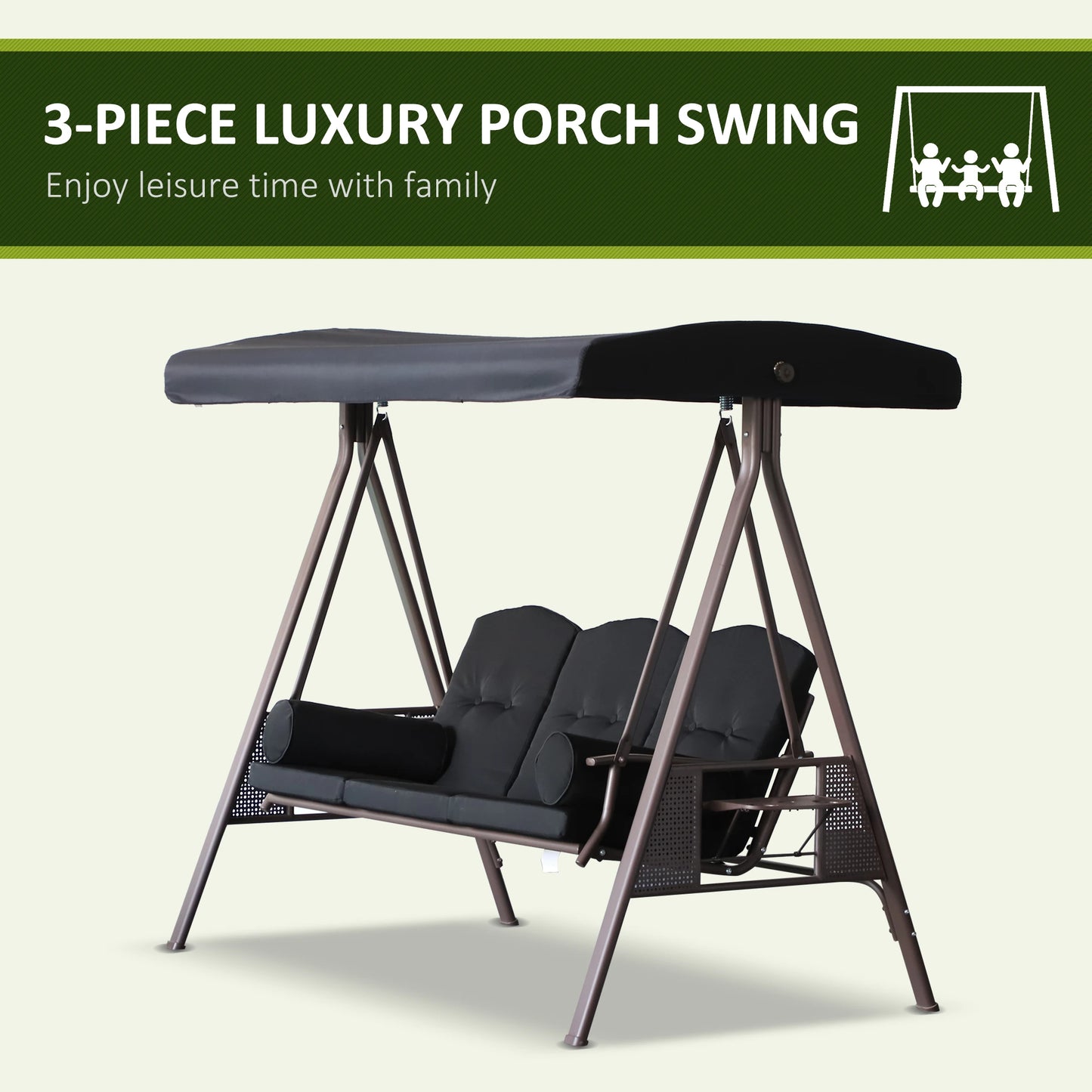 Outsunny Outdoor Patio 3-Person Steel Canopy Cushioned Seat Bench Swing with Included Sid