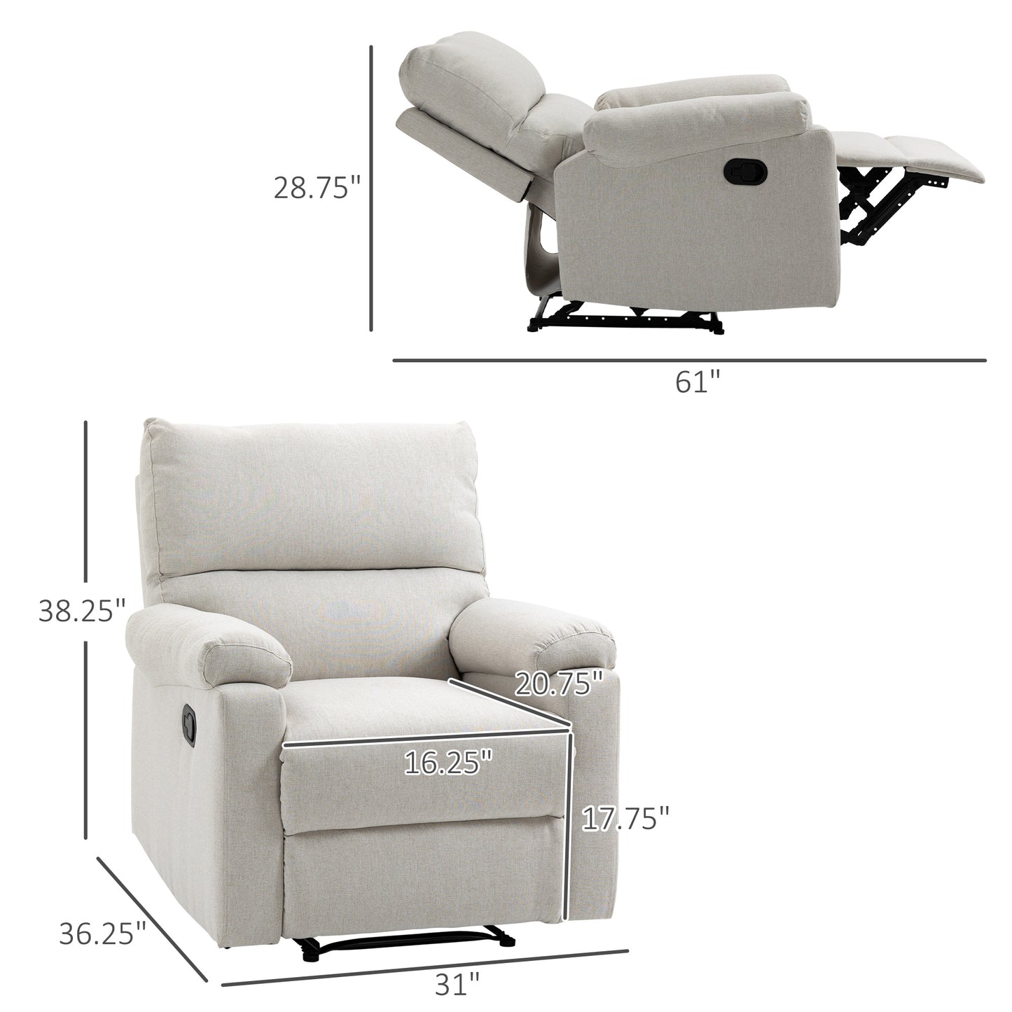 Recliner Sofa Manual Reclining Chair with Footrest Padded Seat for Living Room, Bedroom, Study, Cream White