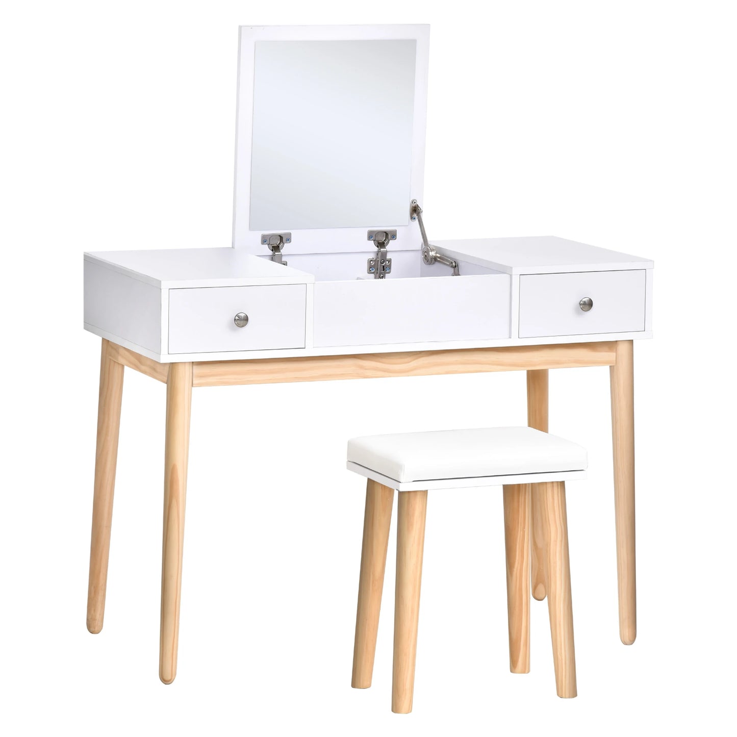 Dressing Table Set with Mirror 2 Drawers Cushioned Stool Makeup Table White