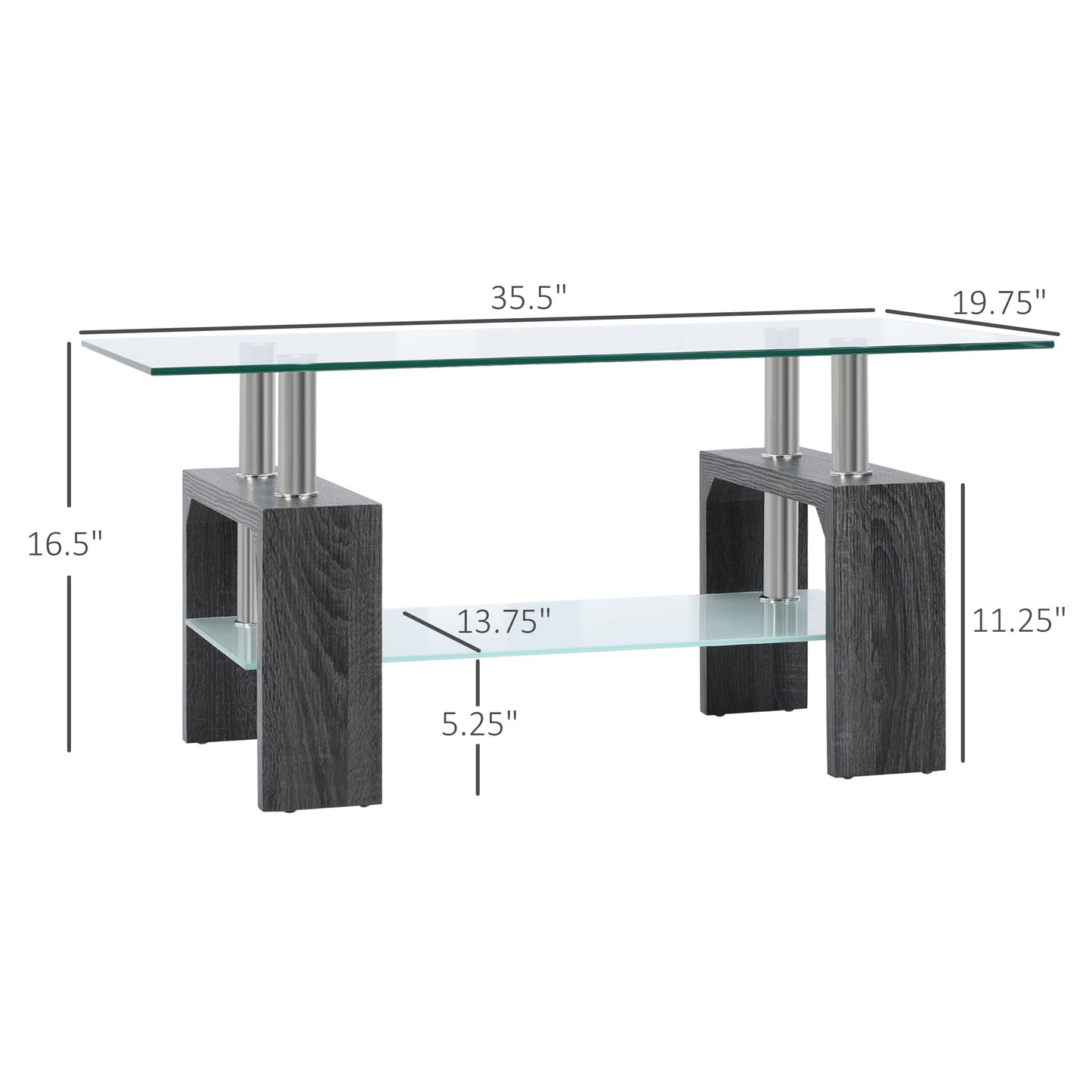 Rectangle Glass Coffee Table, 2-Tier Center Table with Tempered Glass Top and Storage Shelf for Living Room, Grey