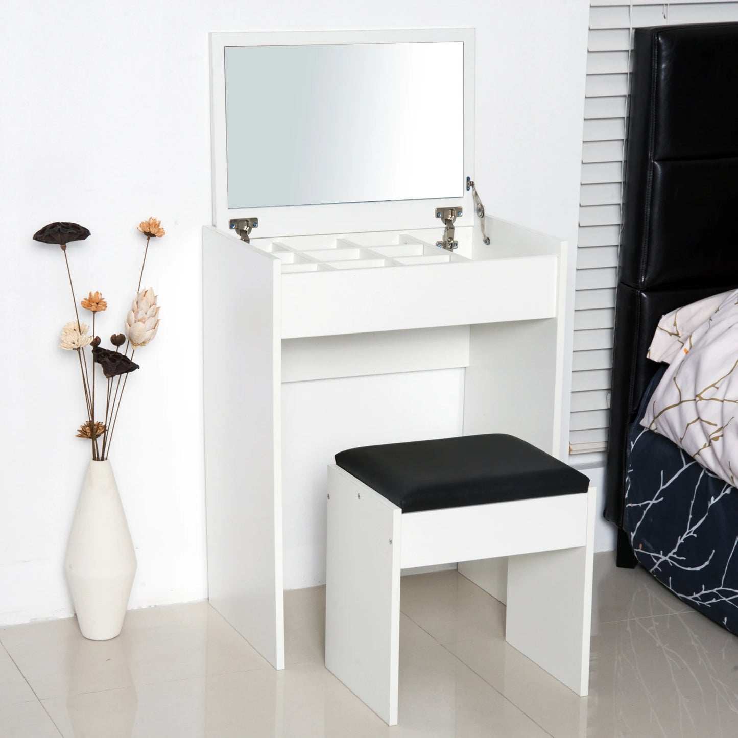 Mirrored Vanity Set Dressing Table and Stool Set Makeup Desk with Flip Top Bedroom Furniture White