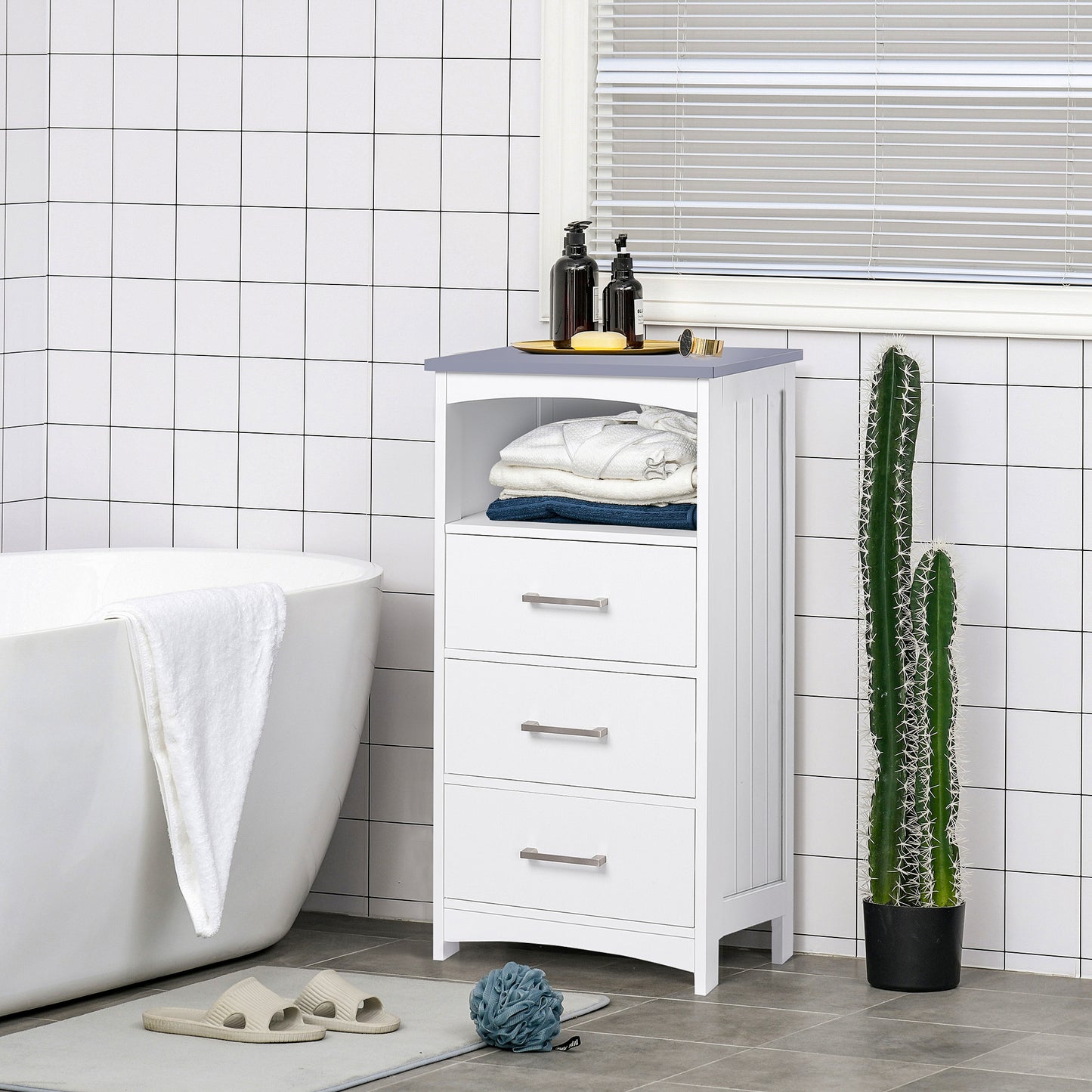 Modern Bathroom Floor Cabinet, Free Standing Linen Cabinet, Storage Cupboard with Shelf, 3 Drawers, White