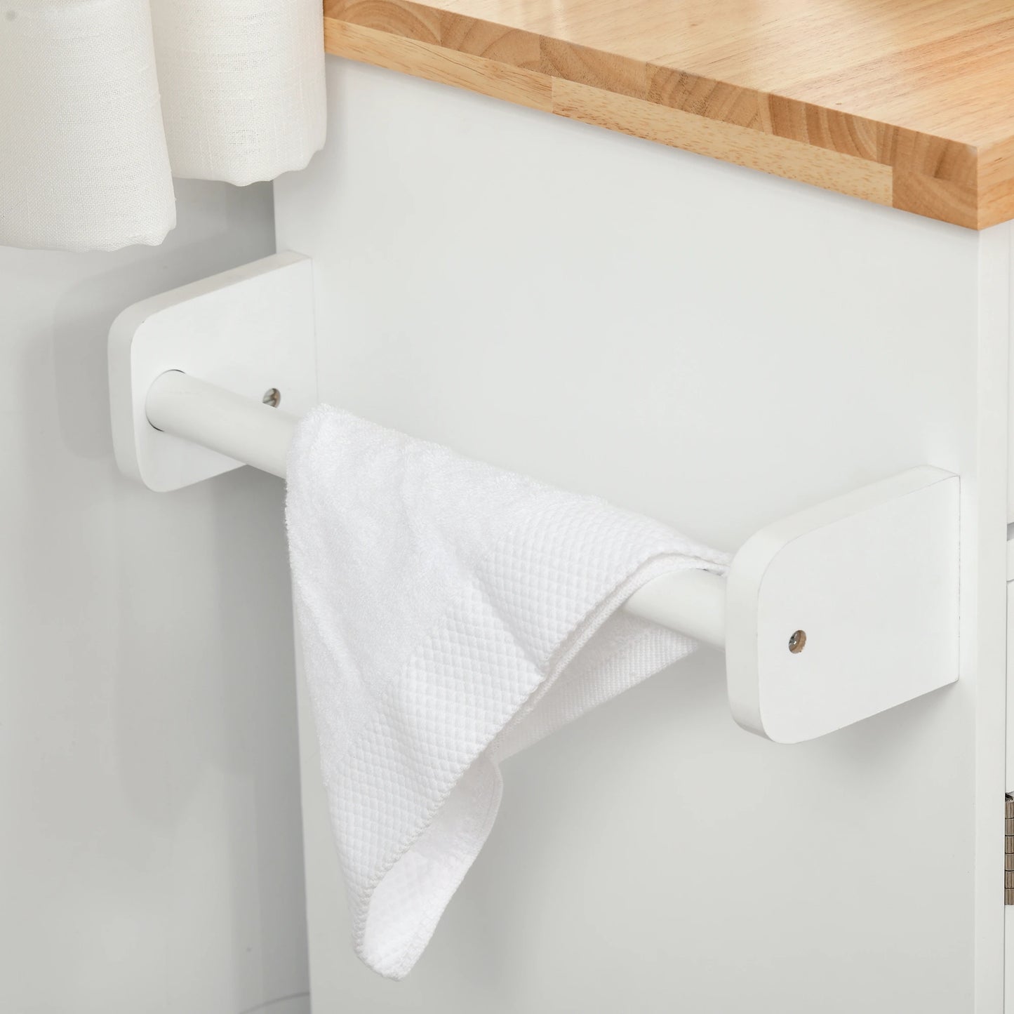 Kitchen Island with Storage, Rolling Cart Trolley with Rubberwood Top, Drawer, Spice Rack, Towel Rack, White