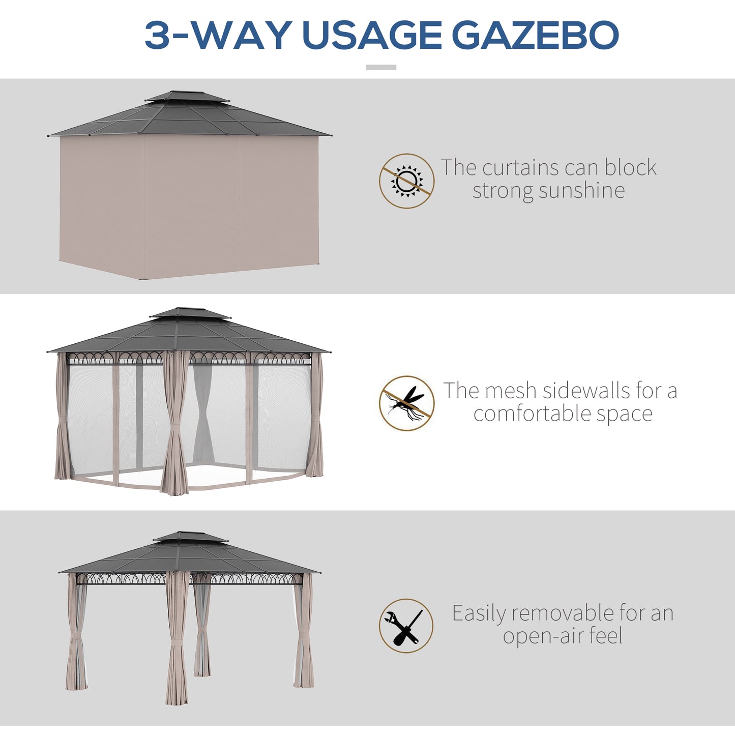 12' x 10' Outdoor Gazebo Canopy, Double Roof Hardtop Gazebo with Polycarbonate Roof, Galvanized Steel Frame, Nettings & Curtains, for Garden, Lawn, Backyard and Deck