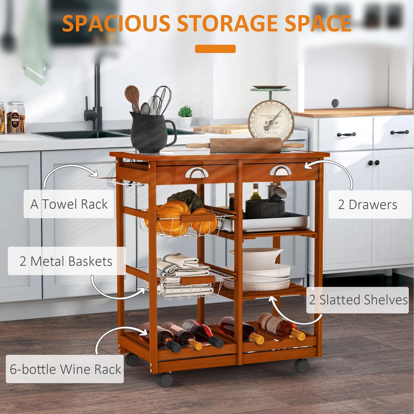 Rolling Kitchen Trolley Cart 4 Tier Storage Wooden Table Rack 2 Drawers Baskets Countertop