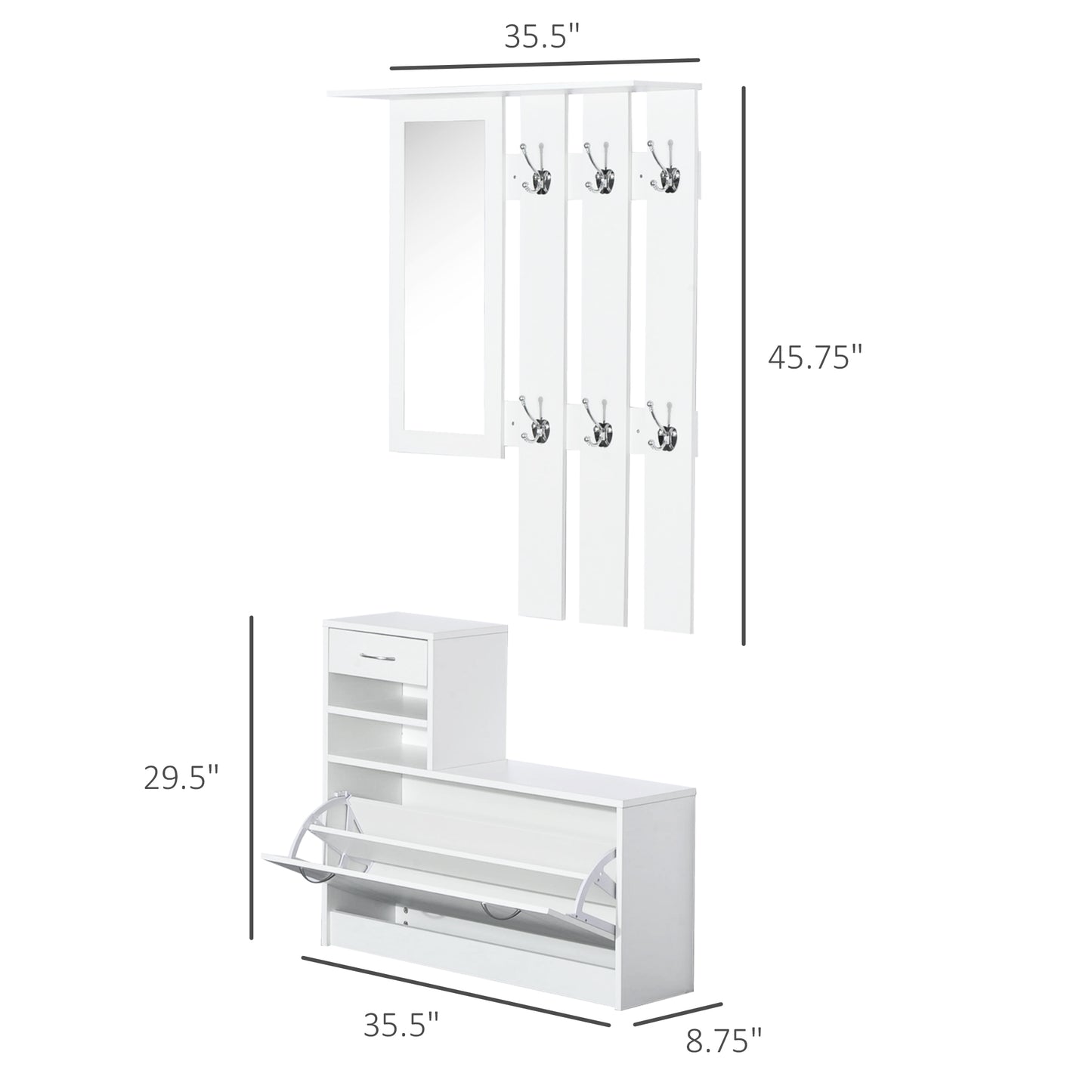 Entryway Organizer Unit 3 In 1 Design Hall Tree with Coat Rack Shoe Storage Shelf Mirror for Hallway Livingroom White