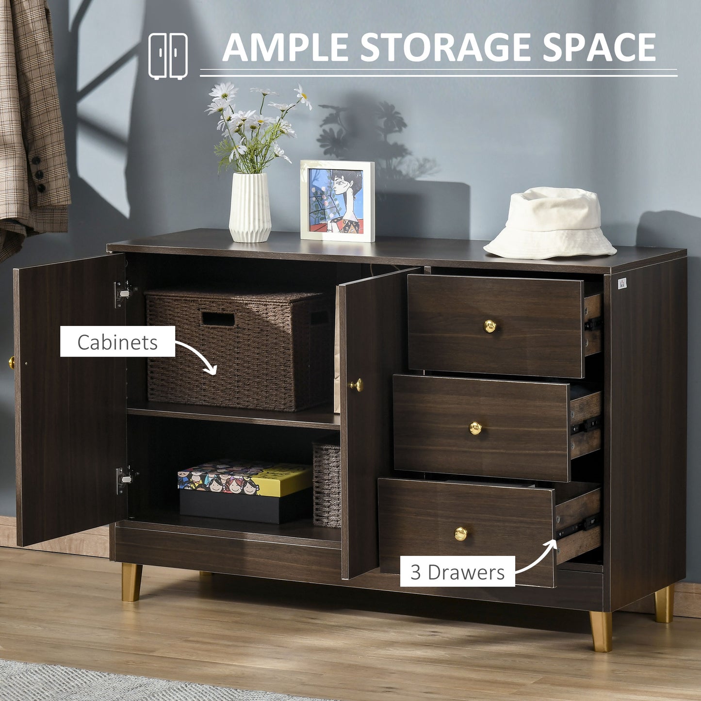 Modern Sideboard, Storage Cabinet, Accent Cupboard with 3 Drawers, Adjustable Shelf for Kitchen, Living Room, Brown