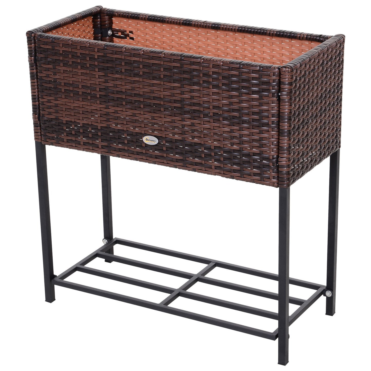 Outsunny Modern Elevated Metal Raised Garden Bed with Rattan Wicker Look, Underneath Tool Storage Rack, Brown