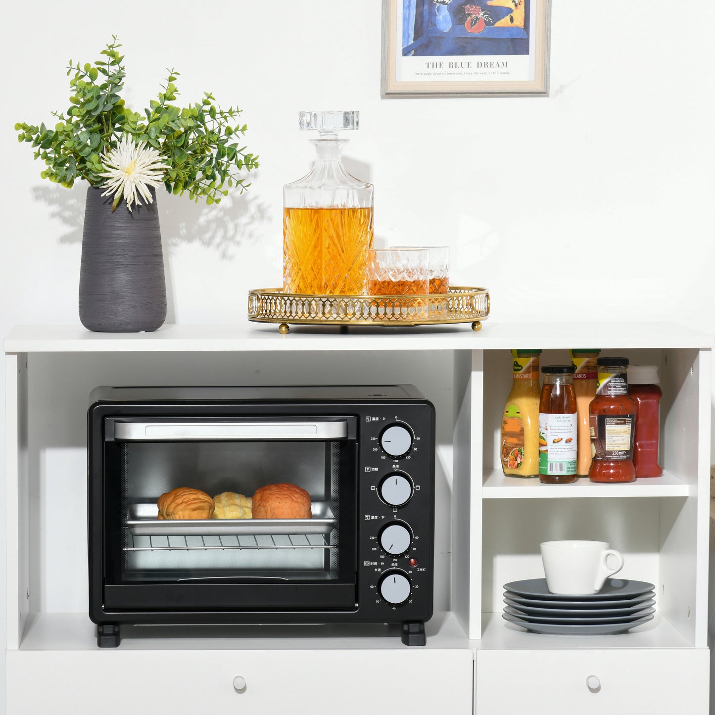 Compact Kitchen Pantry Buffet Server Hutch Storage Cabinet with Microwave Oven Stand Drawer and Shelves, White