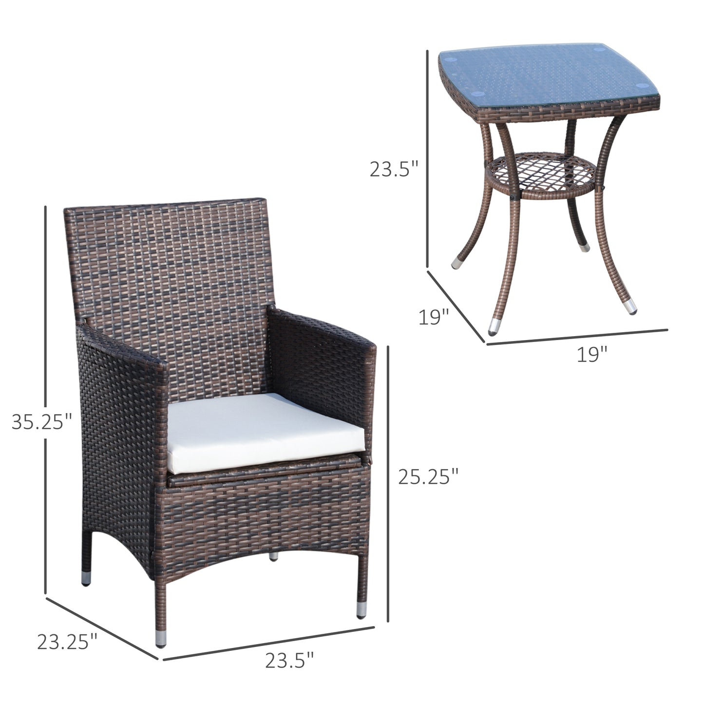 Outsunny 3 Pieces Patio Bistro Set, Outdoor PE Rattan Porch Furniture with Two Armchairs, Glass Top Coffee Table, Coffee