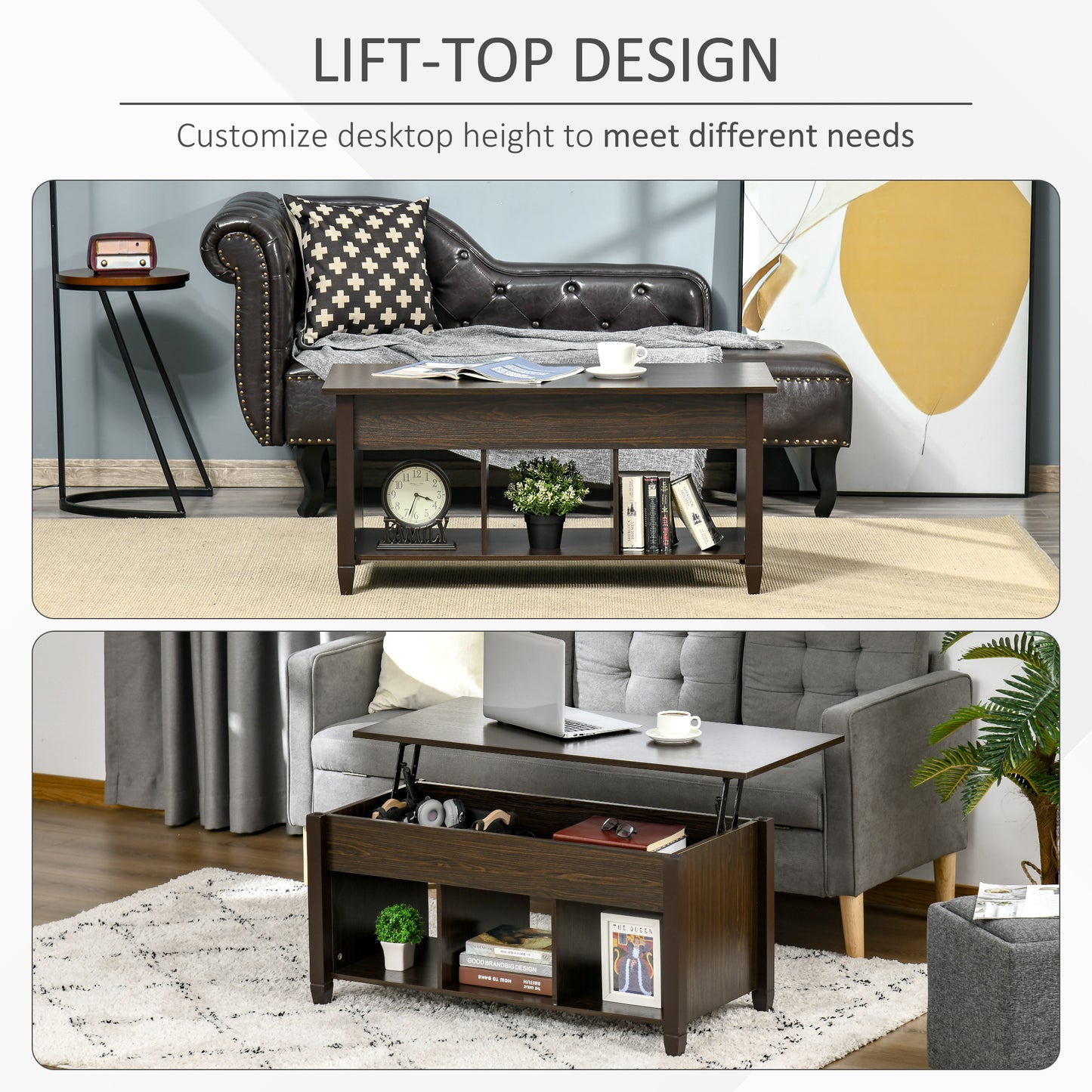 Lift Top Coffee Table with Hidden Storage Compartment and 3 Lower Shelves, Pop-Up Center Table for Living Room, Espresso