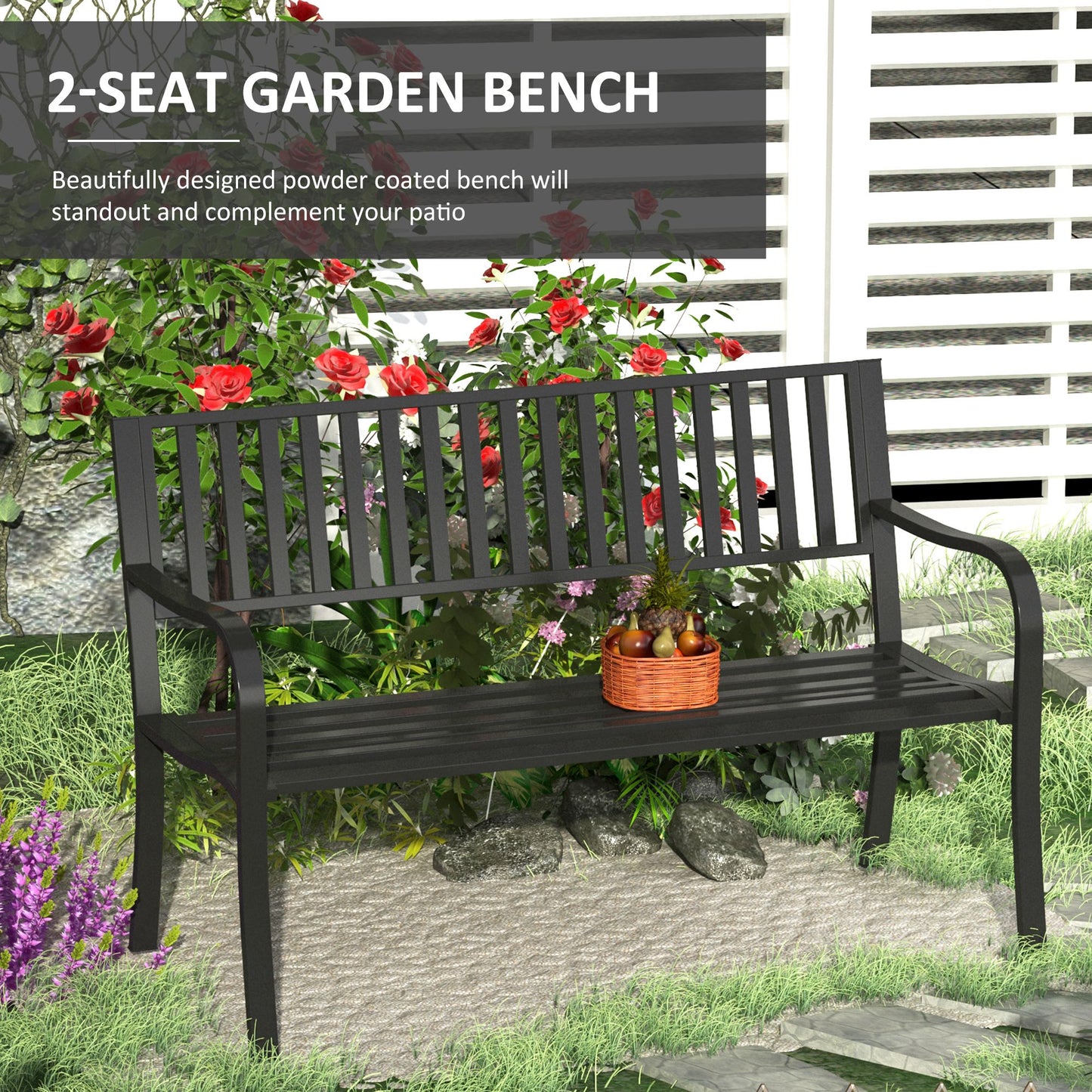 Outsunny 50" Steel Garden Bench Patio Metal Backyard Park Chair Outdoor Seat Furniture Black