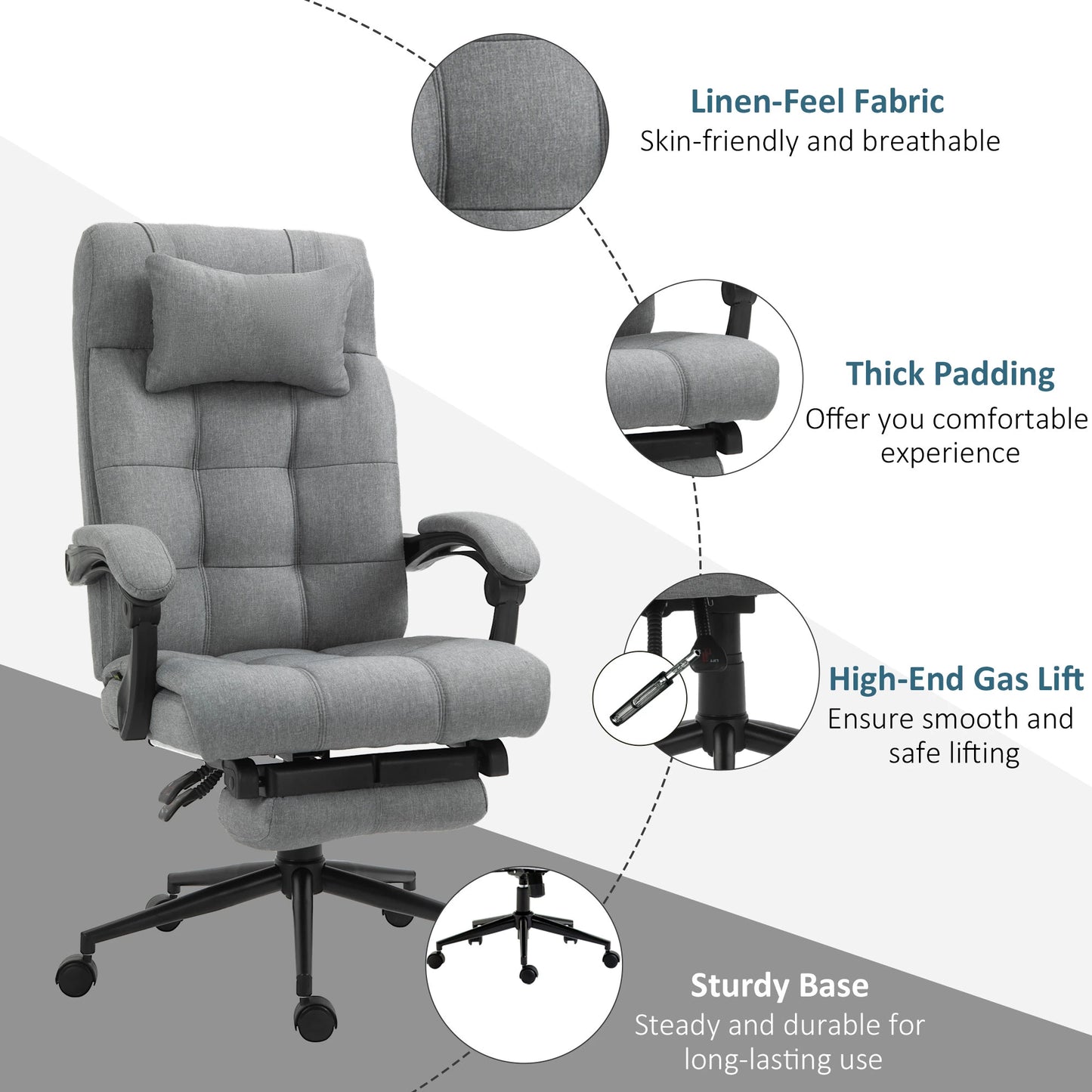 Executive Office Chair High Back Linen-Feel Fabric Swivel Chair with Upholstered Retractable Footrest, Headrest and Armrest, Light Grey